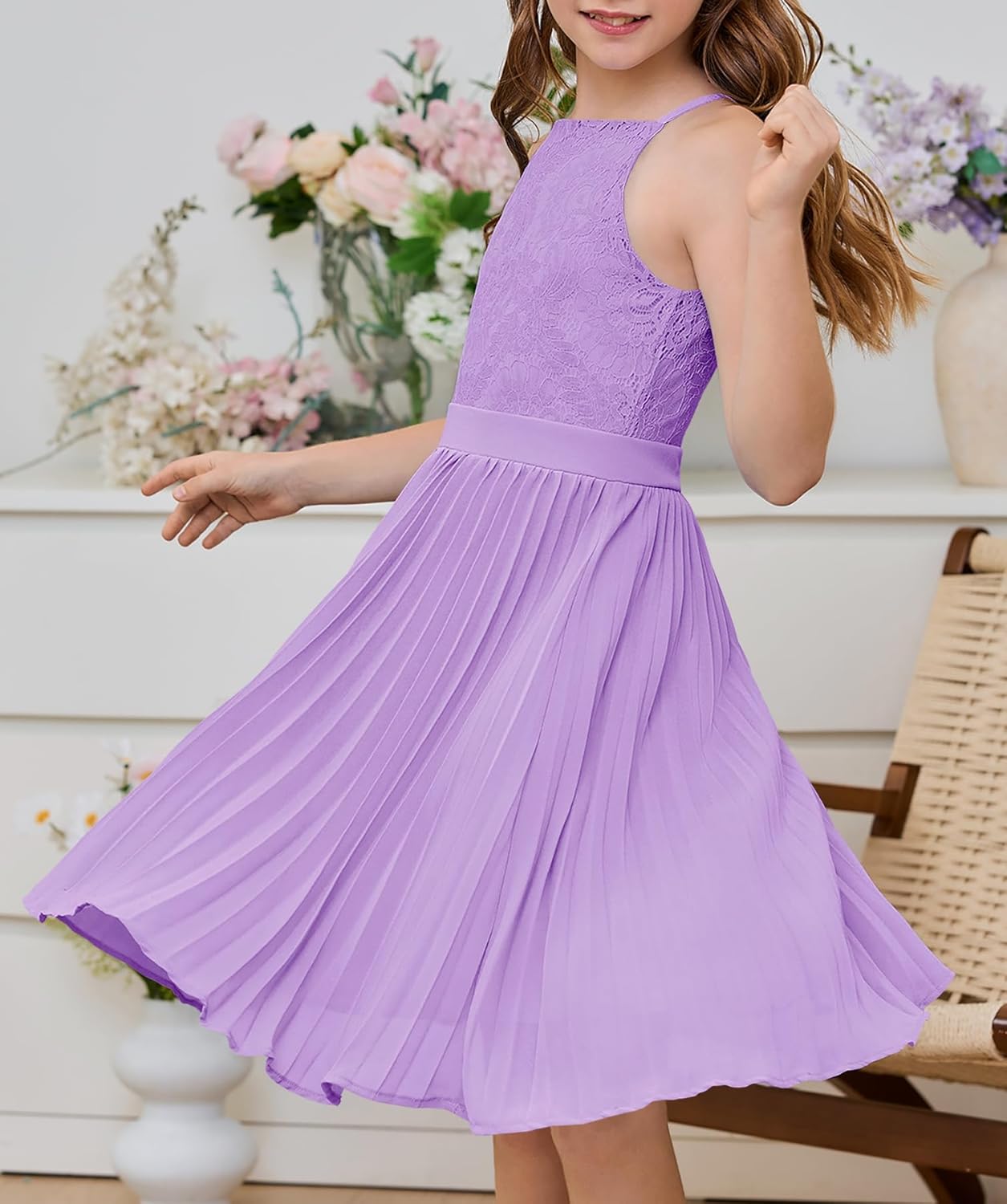 HOSIKA Girls Halter Neck Summer Sleeveless Elegant Floral Lace Chiffon A-Line Flared Swing Party Dress for 6-12 Y - Image 5