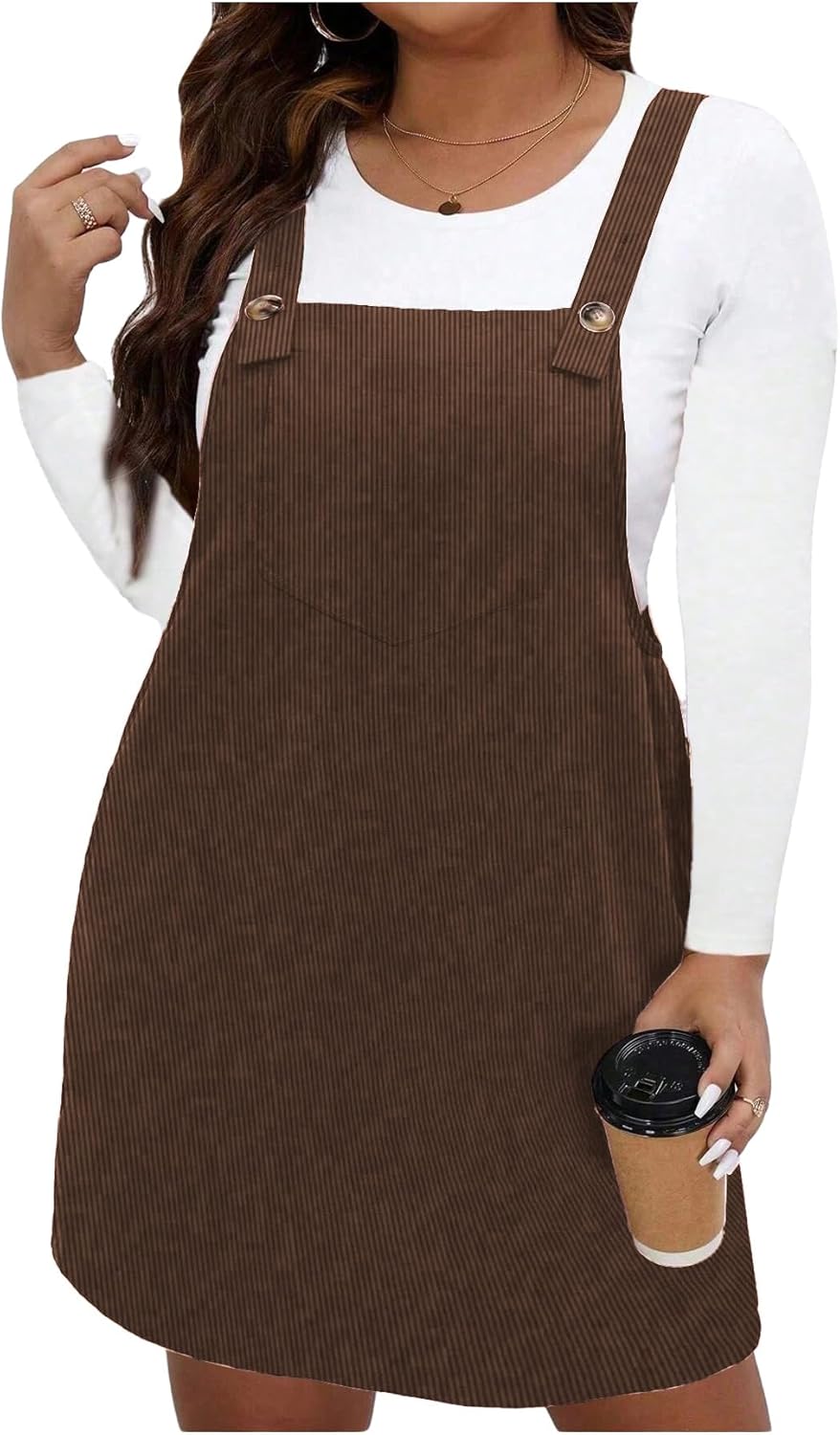 WDIRARA Women's Plus Size Corduroy Sleeveless Short Pinafore Overall Dress with Pocket