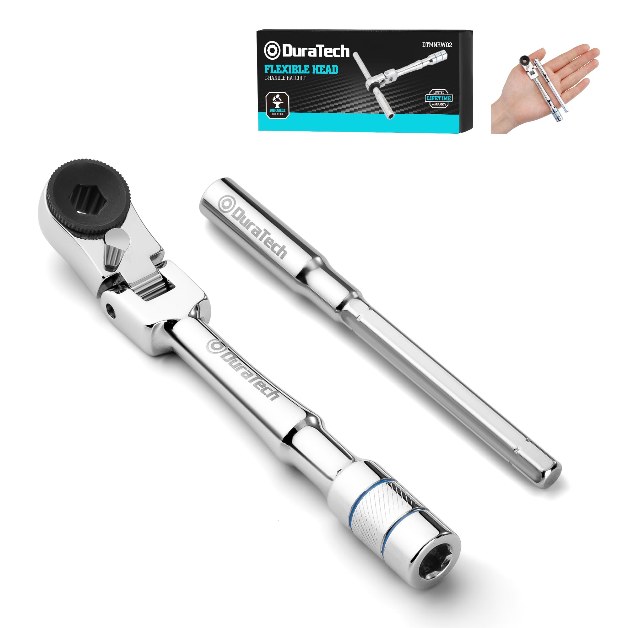 DURATECH 1/4" Flex Head T-Handle Ratchet, Mini Ratchet Wrench with Hex Bit Extension Set, Compatible with Standard 1/4" Hex Bits or Sockets, Portable
