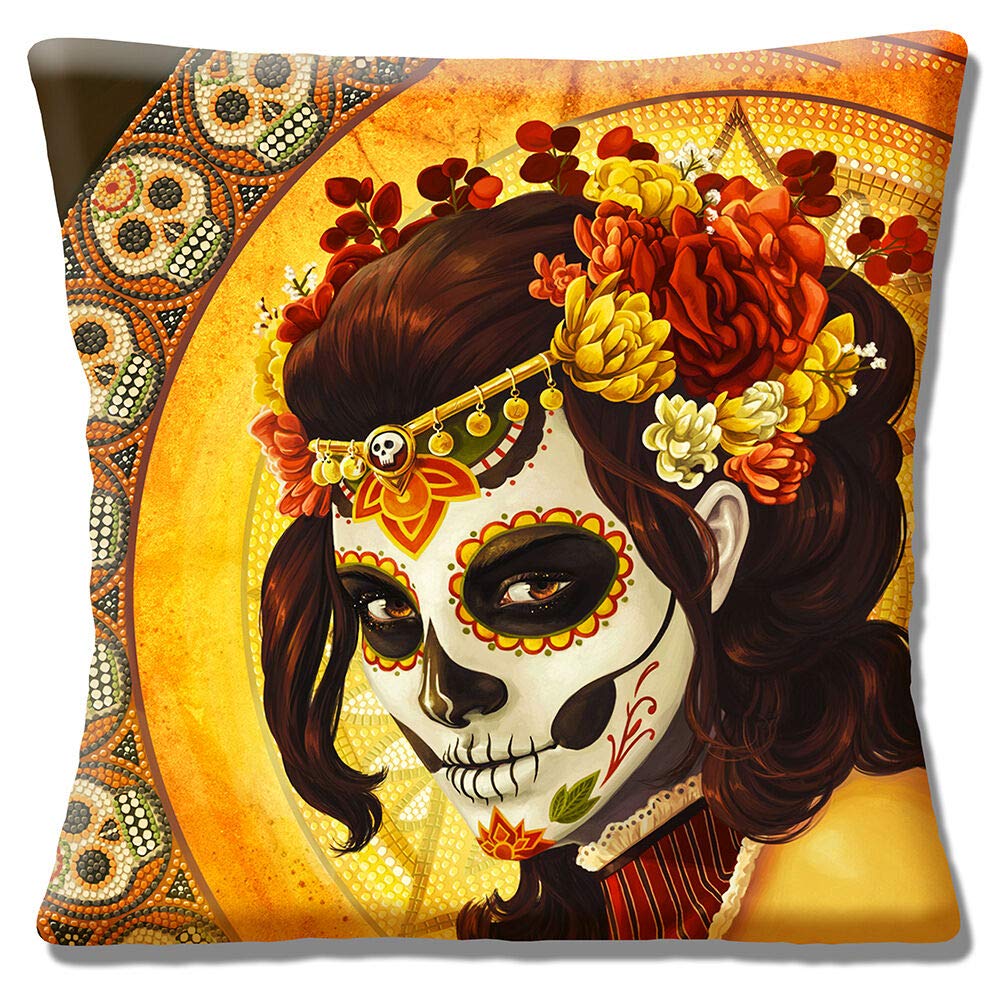 Bullahshah Girls Yellow Retro Mexican Sugar Skull Day Of The Dead Cushion Cover 18X18 Inches For Home Sofa Bed Couch Decorative Pillowcases (Msg01)