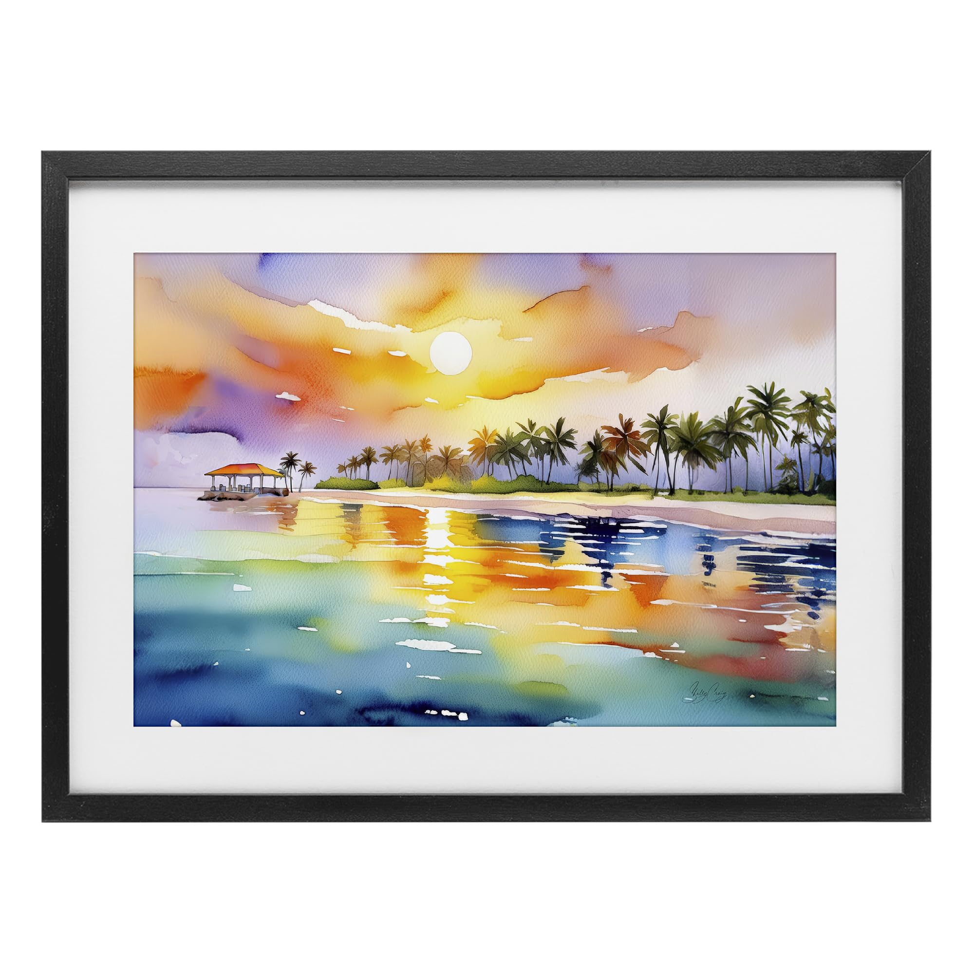 Stupell Industries Midnight Black (Textured) 'Caribbean Calm Sunset', Framed Print Under Glass, Black, 20 X 14 Inches, Easy To Hang And Sturdy, Made In Usa, By Shelly Craig