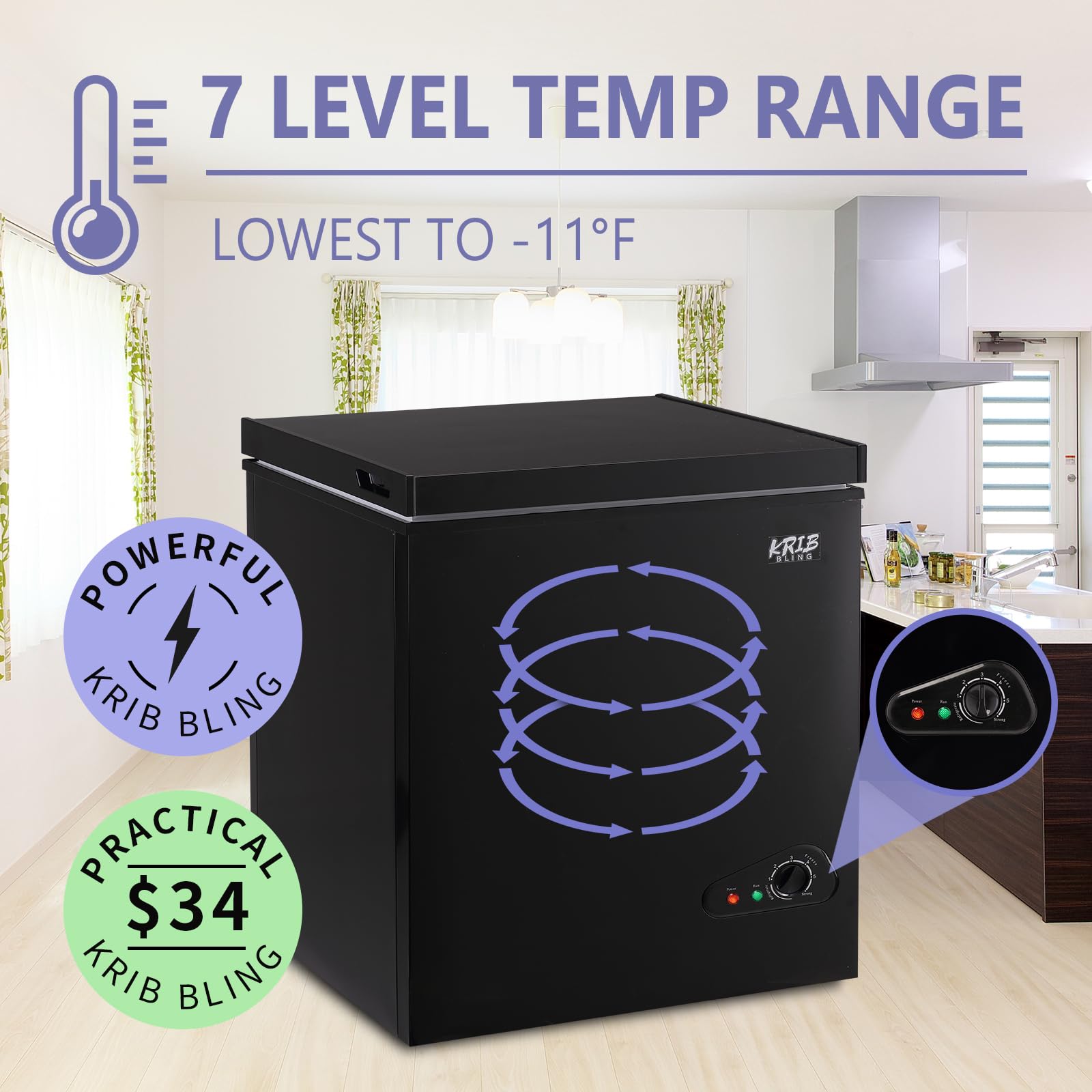 KRIB BLING Chest Freezer with Freezer Basket, 5.0 Cu. Ft Mini Freezer 7 Temperature Levels Thermostat, Top Door Open, Ideal for Home, Kitchen & Office, Black on Fridge.com
