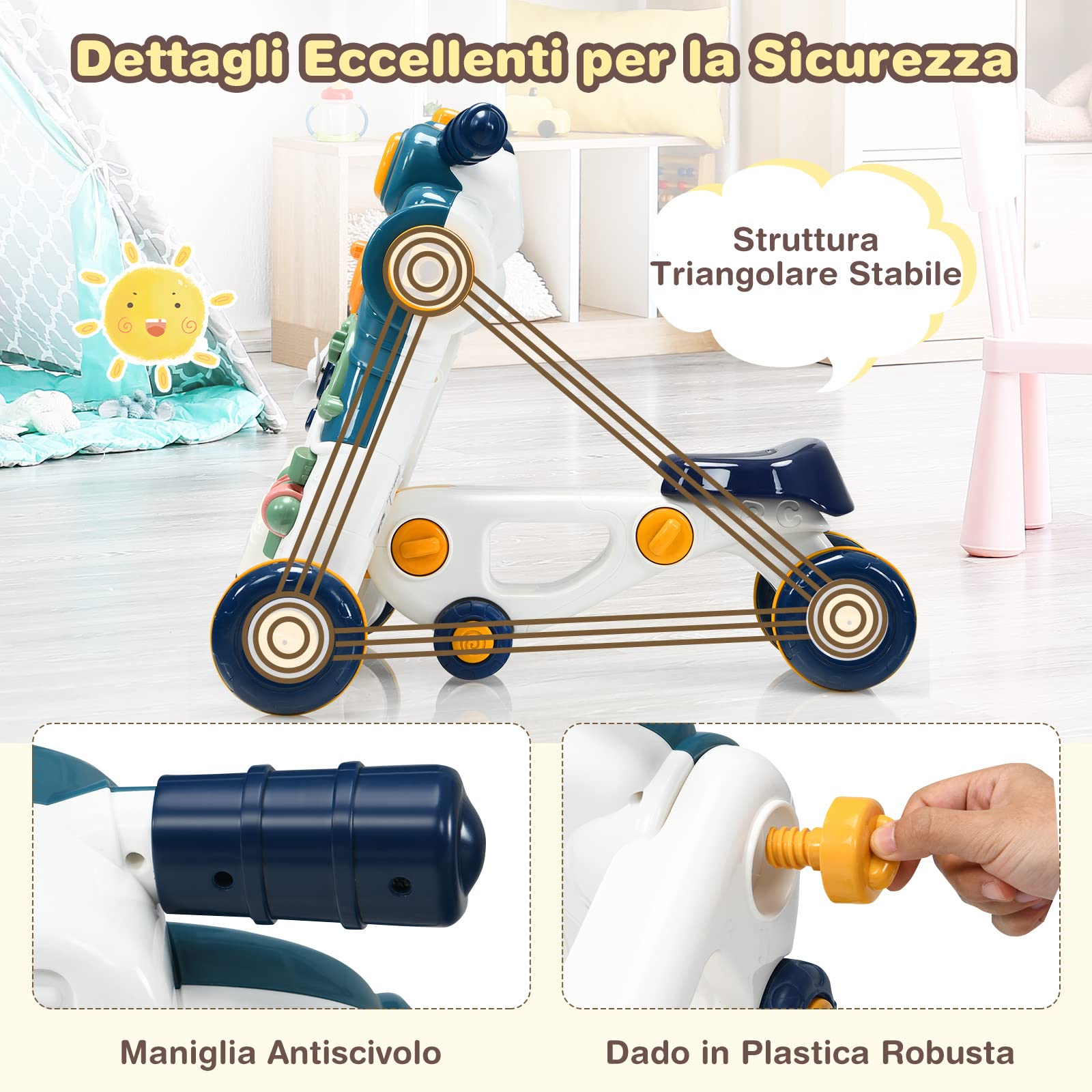 RELAX4LIFE 3 in 1 Primi Passi Spingibile, Scooter Cavalcabile con 4 Ruote Antiscivolo e Centro Attività con Giocattoli, Suoni, Tastiera Staccabile, 6-36Mesi(Blu)