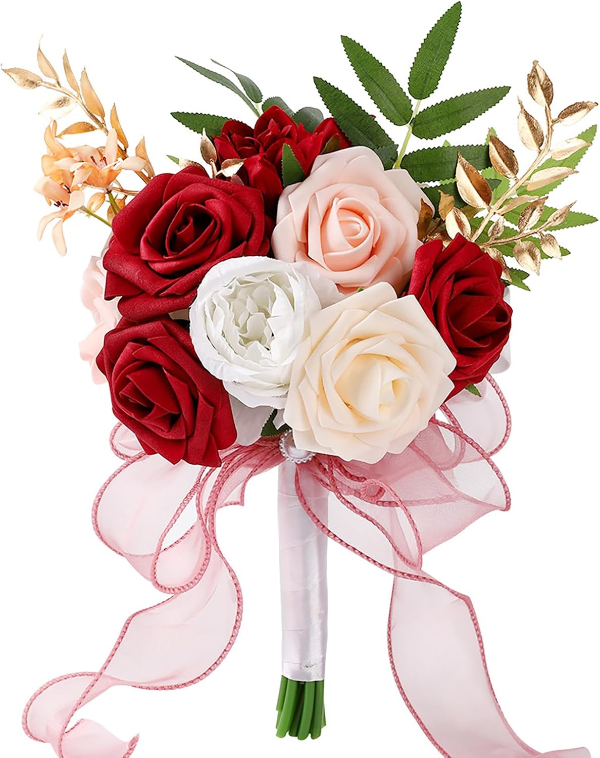 MINGZHE Artificial Rose Flower Bunch, Bridesmaids Bouquets Flowers with Silk Ribbon Wedding Flowers Bride Bouquets for Wedding 22x29 cm (A)
