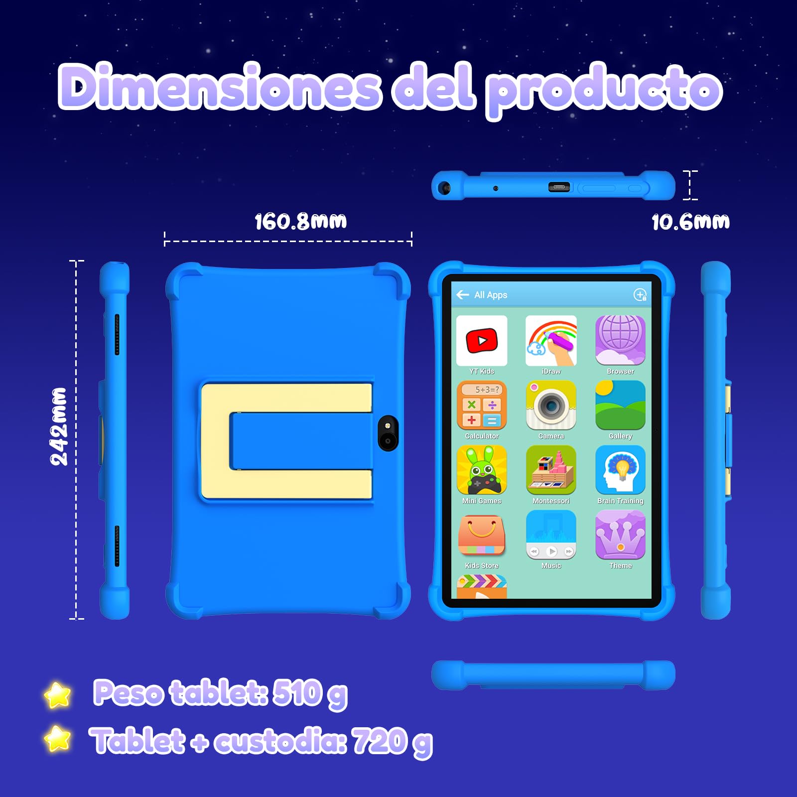 ALLDOCUBE iPlay 70 SE Tablet per Bambini 10 Pollici, Controllo Parentale iWAWA, 4G LTE Android 15, 7GB RAM+64GB ROM (TF 512GB), Batteria 5500mAh, 5G Wi-Fi, BT 5.0, GPS, Custodia Eva Inclusa - Blu