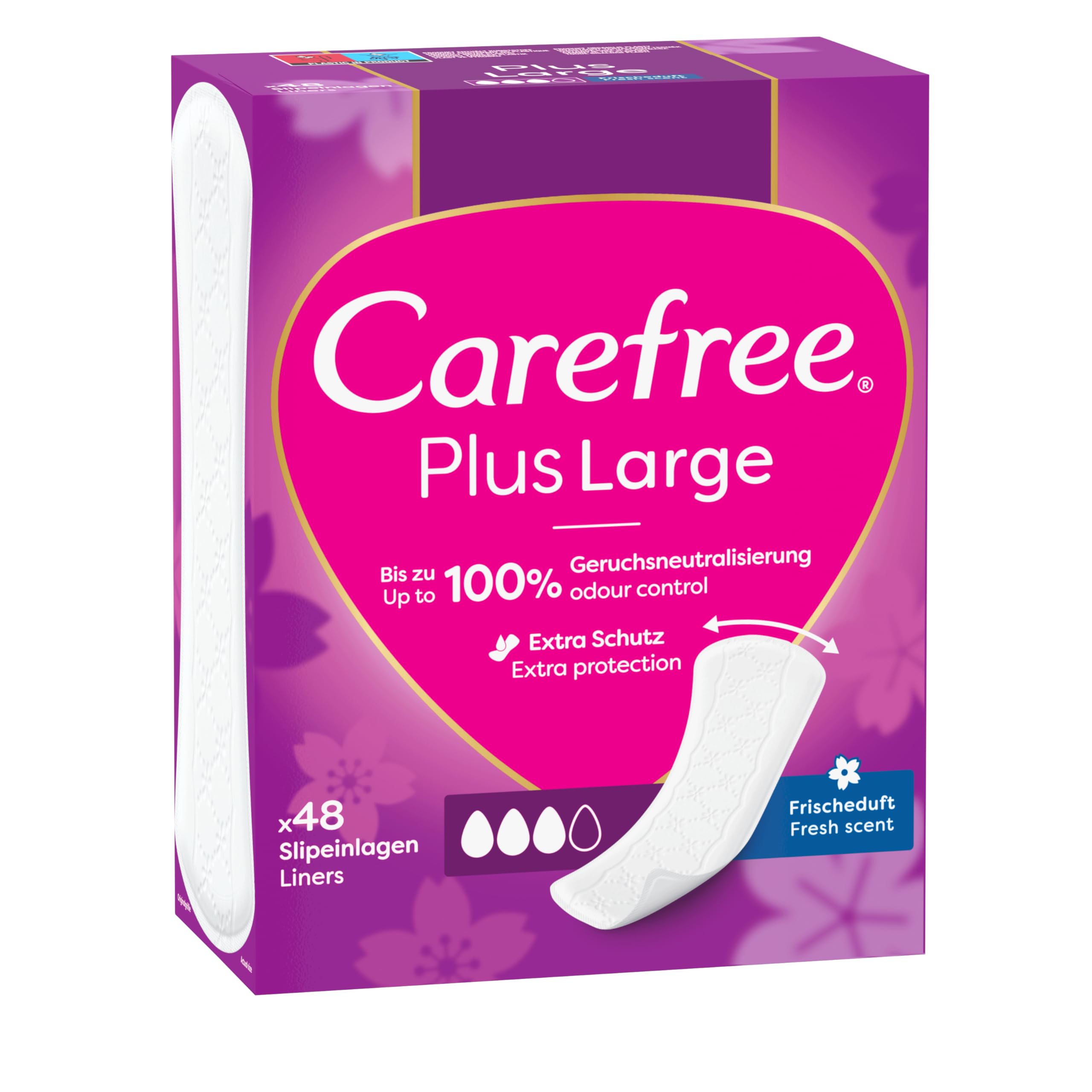 Carefree Plus Large Fresh 48 szt. Wkładki higieniczne o świeżym zapachy. Szersze niż standardowe, Z super chłonnym wkładem z zapewniają długotrwałą ochronę przed wilgocią i nieprzyjemnym zapachem.