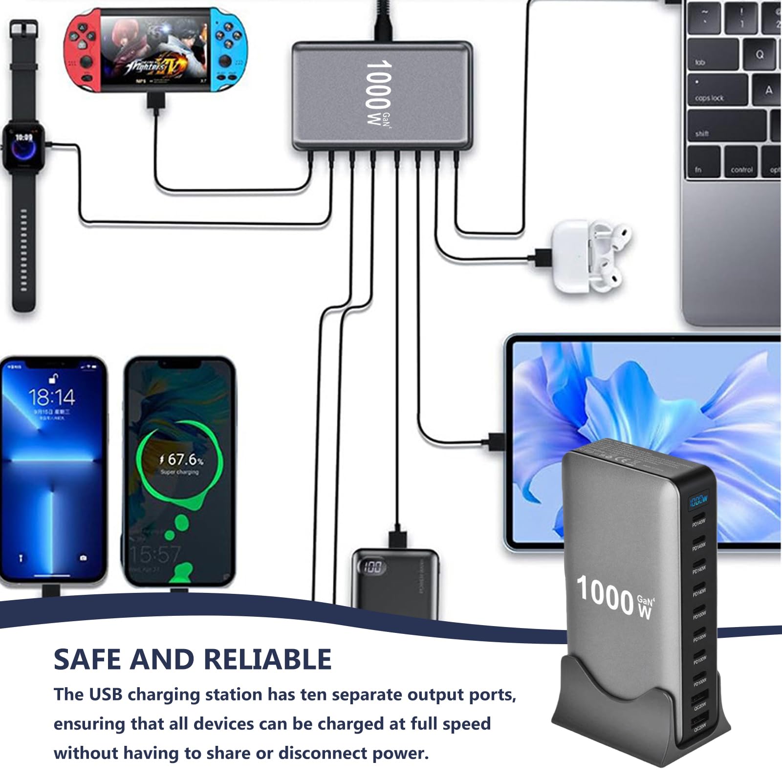Chargeur Rapide USB-C 10 Ports 1000 W avec GaN III et PD 3.1, 8 Ports USB-C et 2 Ports USB-A, Alimentation PD PPS 140 W pour MacBook, iPhone, Ordinateur Portable, iPad, Samsung