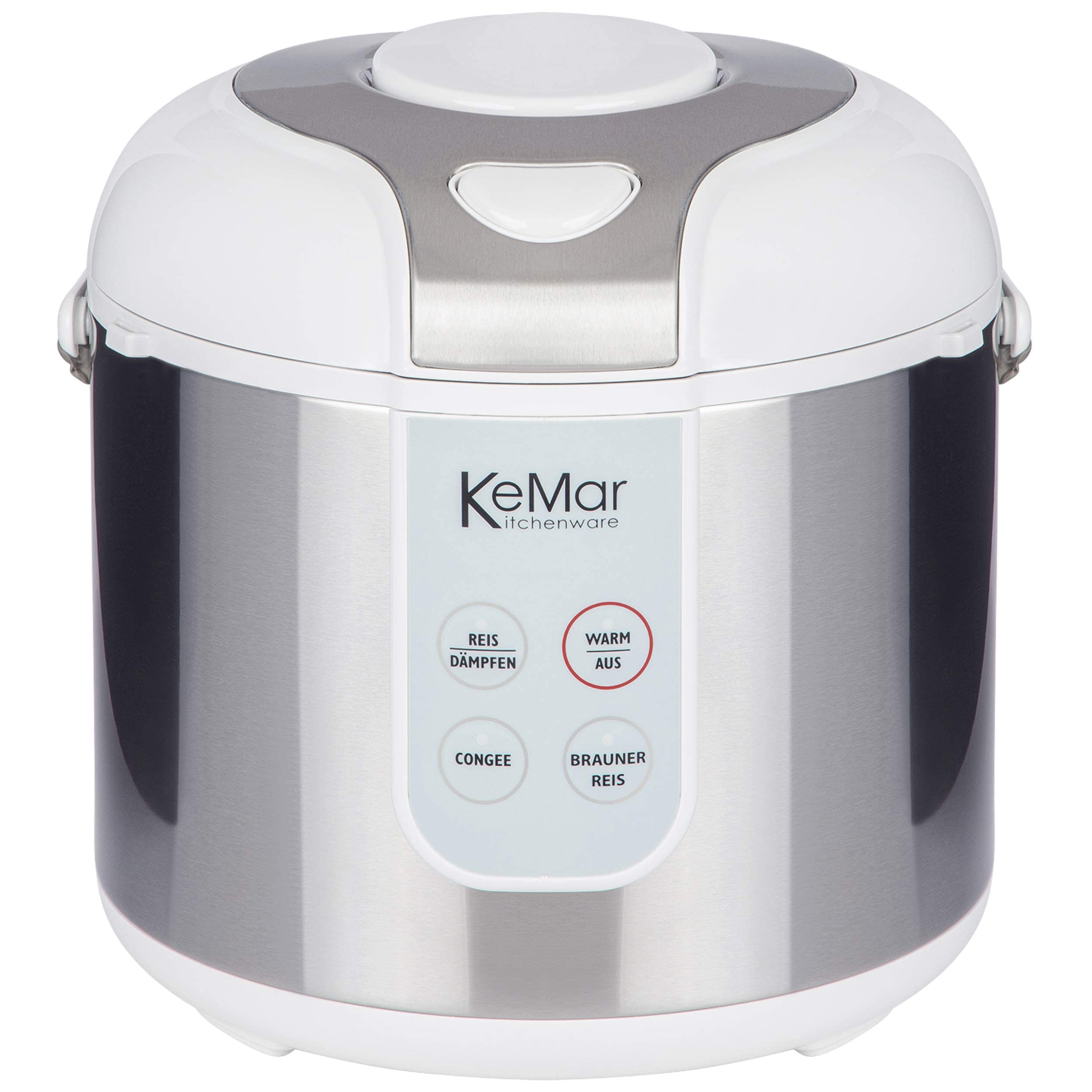 KeMar Reiskocher +GRATIS Essstäbchen (700W, 1,8l, Edelstahl) Brauner Reis, Naturreis - Keramik Beschichtung - Edelstahl Dämpfer, dampfgaren Gemüse und Fisch, Warmhaltefunktion, 4 Programme, KRC-130