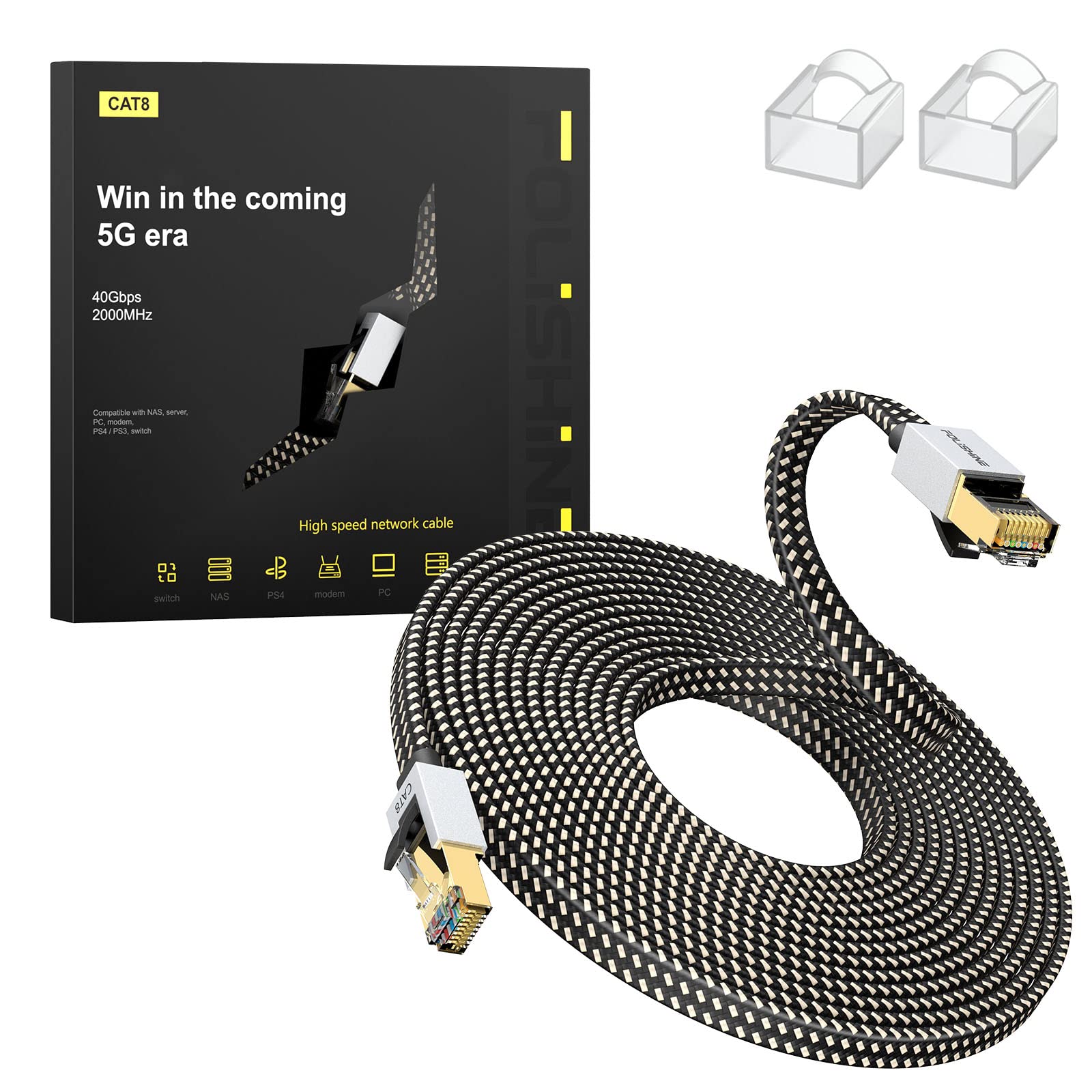 Cat8 kabel Ethernet 1 m, nylonowy pleciony kabel krosowy Lan Patch Cord, 40 Gb/s, 2000 MHz, RJ45, płaski ekranowany przewód, do modemu/routera/przełącznika, szybszy niż Cat5e/Cat6/Cat7