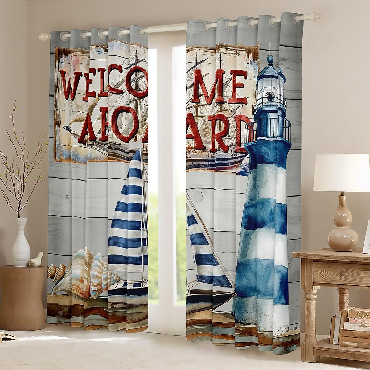 Tende nautiche costiere 66 x 90 L, navigazione, barca a vela, faro, spiaggia, conchiglie, finestre, blocca il 30% -50% della luce, rustica fattoria bordo in legno passacavo trattamento