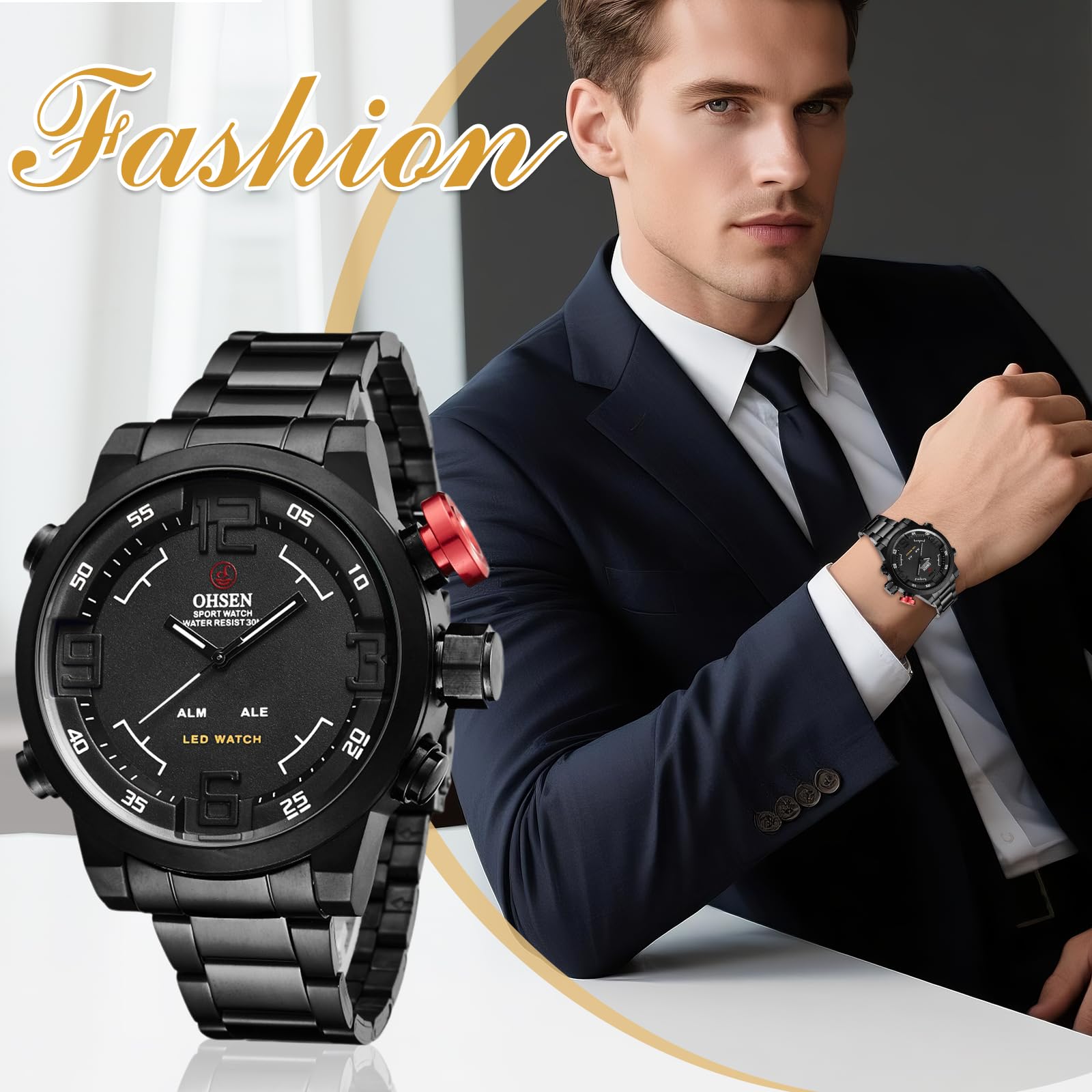 Avaner Montre Homme LED Analogique Digitale Militaire Sport:Montre Étanche Lumineux Bracelet en Acier Inoxydable avec Fonctions Chronographe,Alarme et Affichage de la Date-Cadeaux de Noël