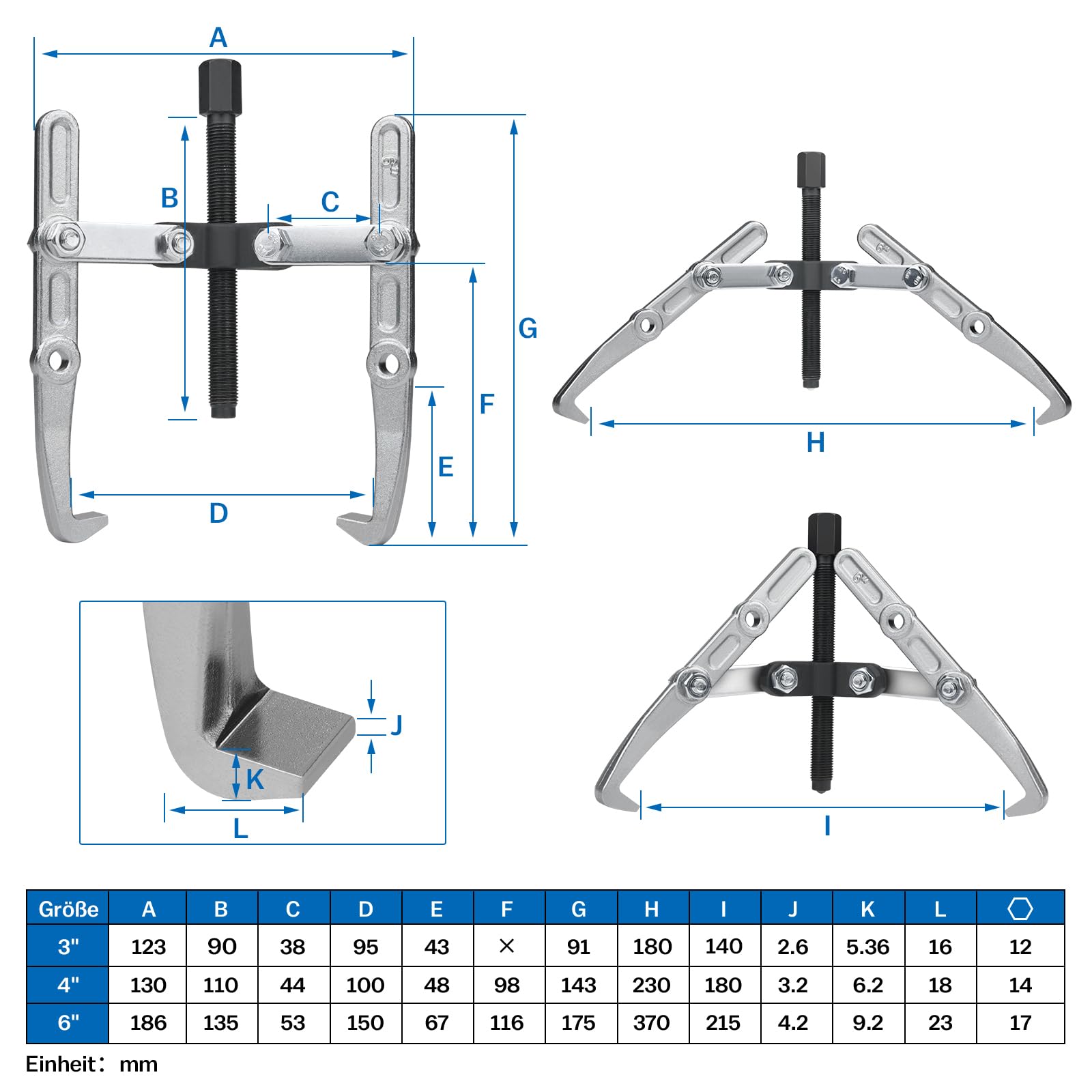 XIIW 3X Estrattore Cuscinetti 2/3 Ganasce Esterno/Interno (3" 4" 6") CrV | 100/120/150mm, Regolabili 20-150mm, Separatori Cuscinetti Ruota e Ingranaggi a Sfere 2/3 Bracci, Attrezzo Rimozione Volani