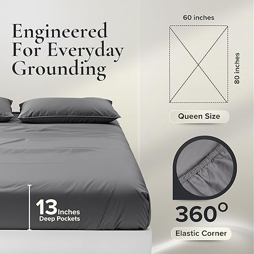 Miniatura 4 de Earthing - Hojas de tierra tamaño Queen (gris)  Hoja de tierra suave de 400 hilos con algodón y fibra plateada, hojas de puesta a tierra con cable