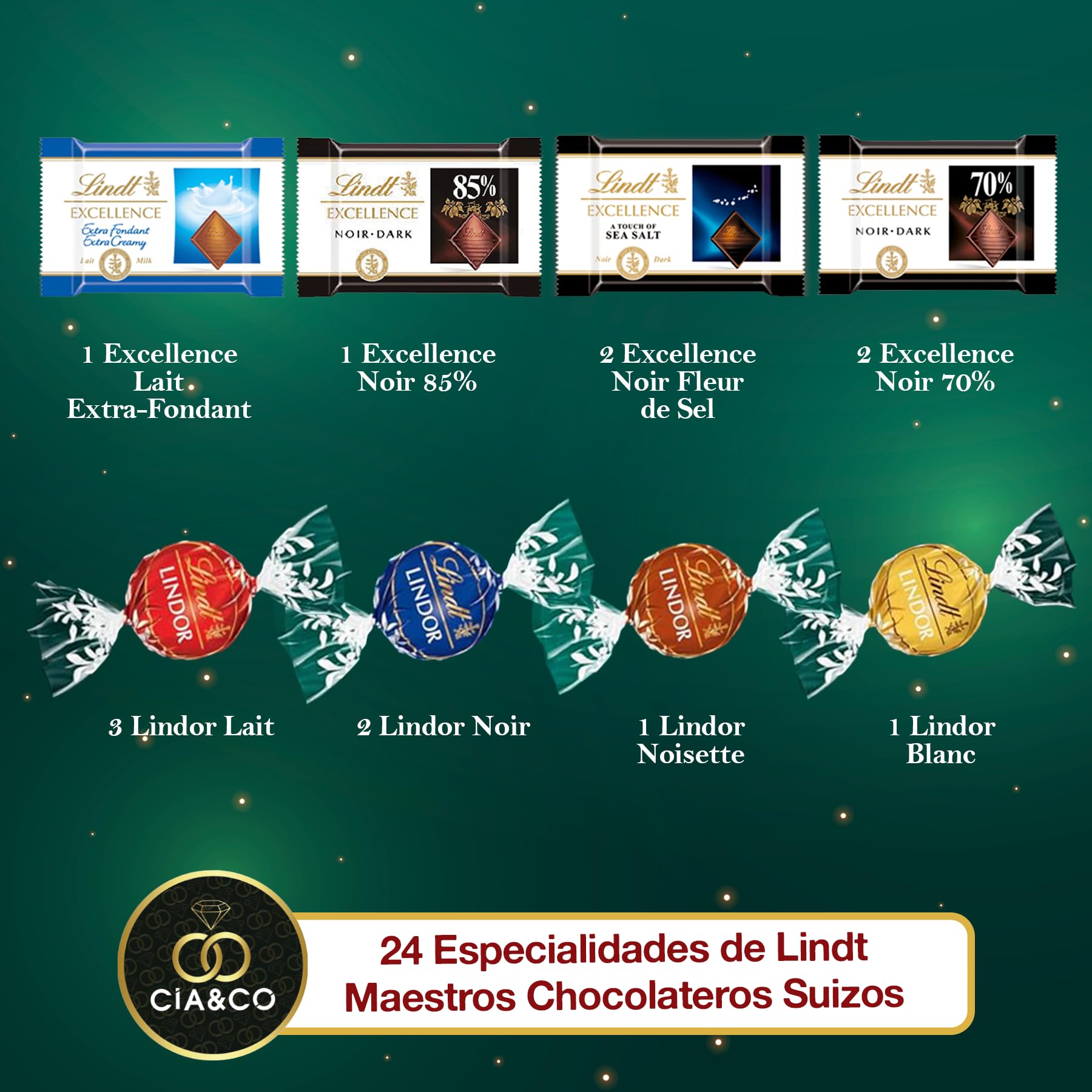 Calendrier de l’Avent LINDT 2025 Arbre de Noël · 24 Chocolats Suisses Lindor & Excellence · Assortiment Gourmet avec Ours, Cœurs & Pralinés · Carte Personnalisable Cia&Co 221 g · Cadeau de Noël Élégan