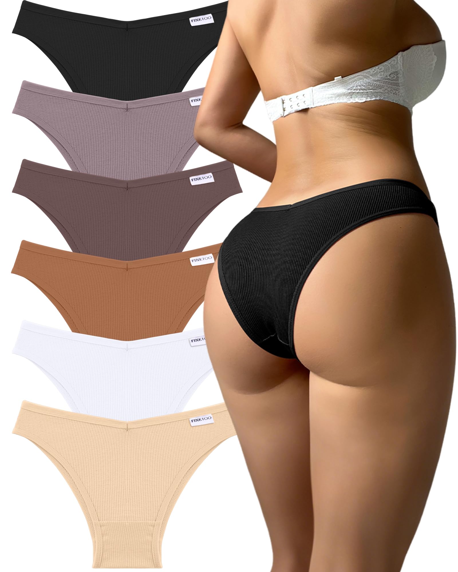 FINETOO Womens Cotton Underwear Sexy Stretch Bikini Panties Low Rise Hipster Ladies Soft V-Waist Cheeky: Small White & Black & Mocha Gray & Brick Yellow & Skin & Khaki