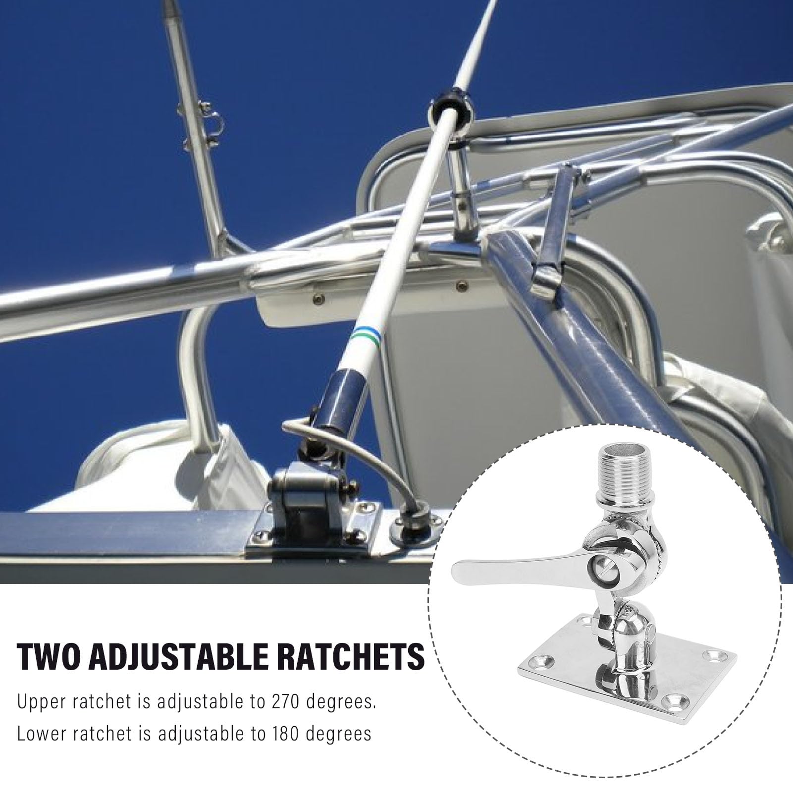 Edelstahl-Marine-UKW-Antenne, Ratschenmontage, Verstellbare Basis für Boote, 1-Zoll-Antenne für Schnellboote