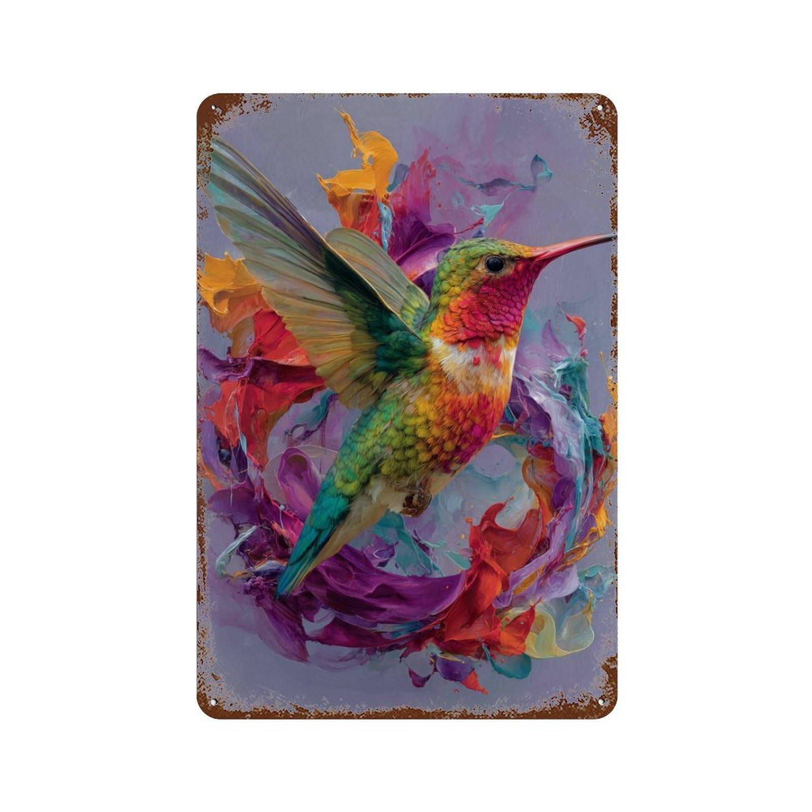 Decorative Tin Sign with Hummingbird Colorful Art Print Design 11.8"x7.9", for Basement, Hobby Room And Garage Decor, Farmhouse Wall Decor