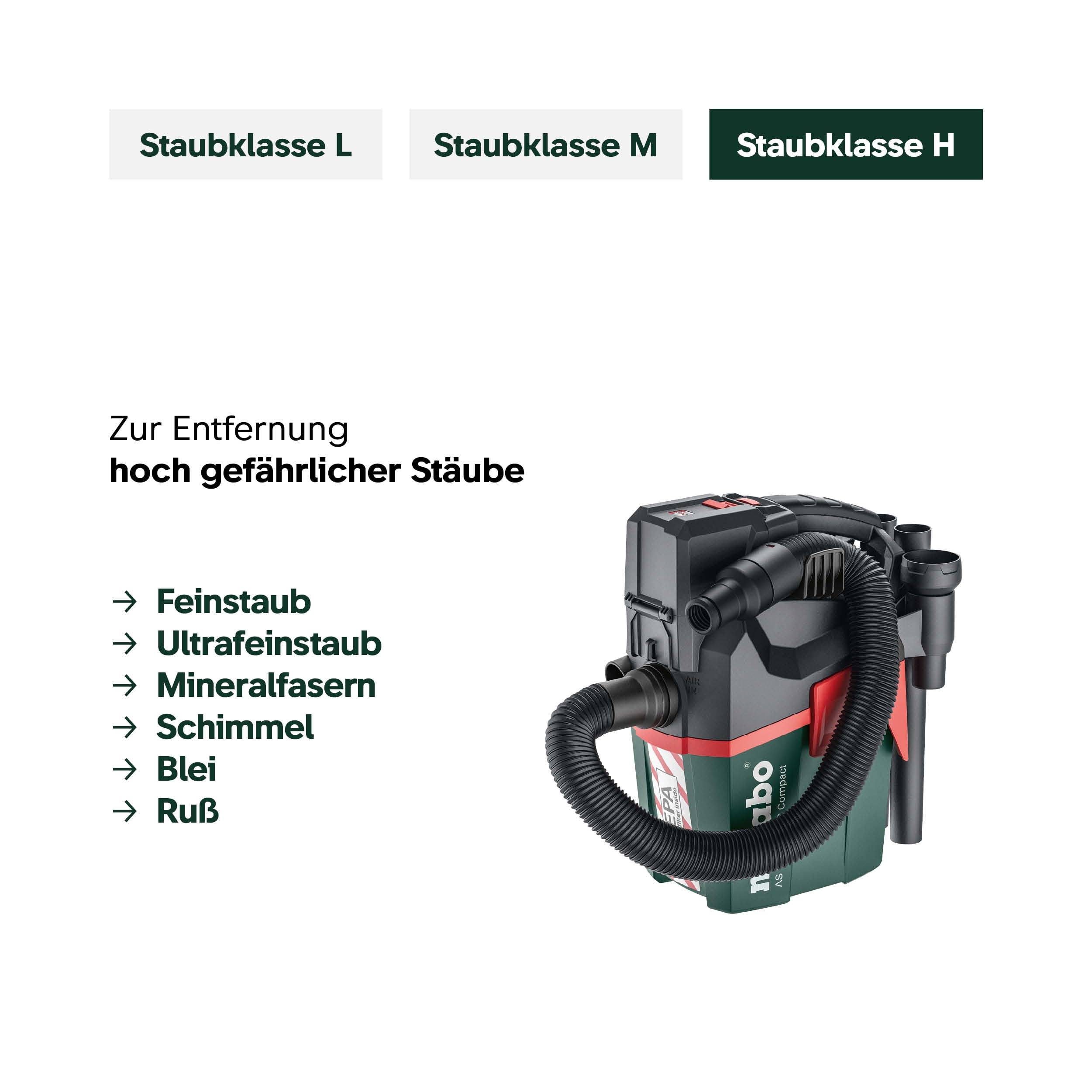 metabo Akku-Sauger AS 18 HEPA PC Compact, 18V Nass- und Trockensauger | Mobiler Mehrzwecksauger mit HEPA-Filter, Blasfunktion und Stretch-Schlauch. Lieferung ohne Akku und Ladegerät.