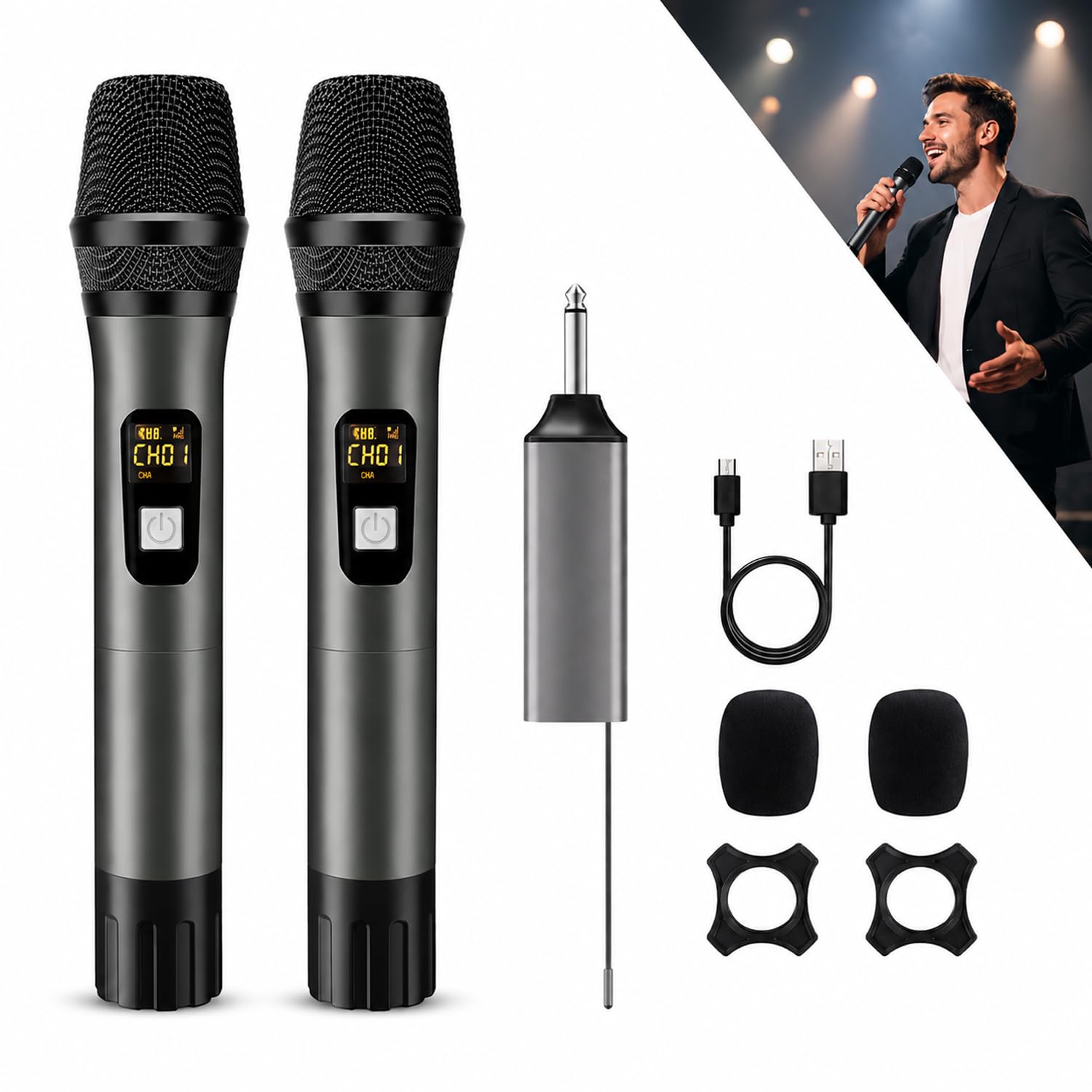 Microphone sans fil, système de microphone sans fil UHF avec deux microphones à main sans fil et récepteur rechargeable, portée de 200 m, pour systèmes de sonorisation, karaoké, DJ, chant, conférence