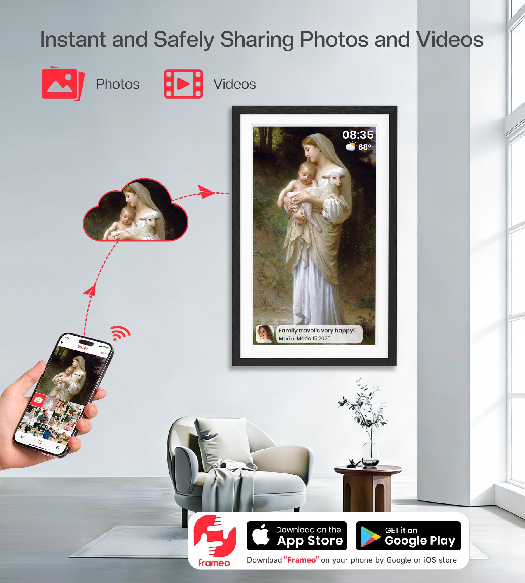 BIGASUO Digital Picture Frame, 10.1" Frameo Digital Frame WiFi with 32GB Memory, 1280x800 IPS Touch Screen, Send Photos/Videos from Your Phone Anywhere, Photo Gifts for Parents and Grandparents: 21.5" Black & White 64GB