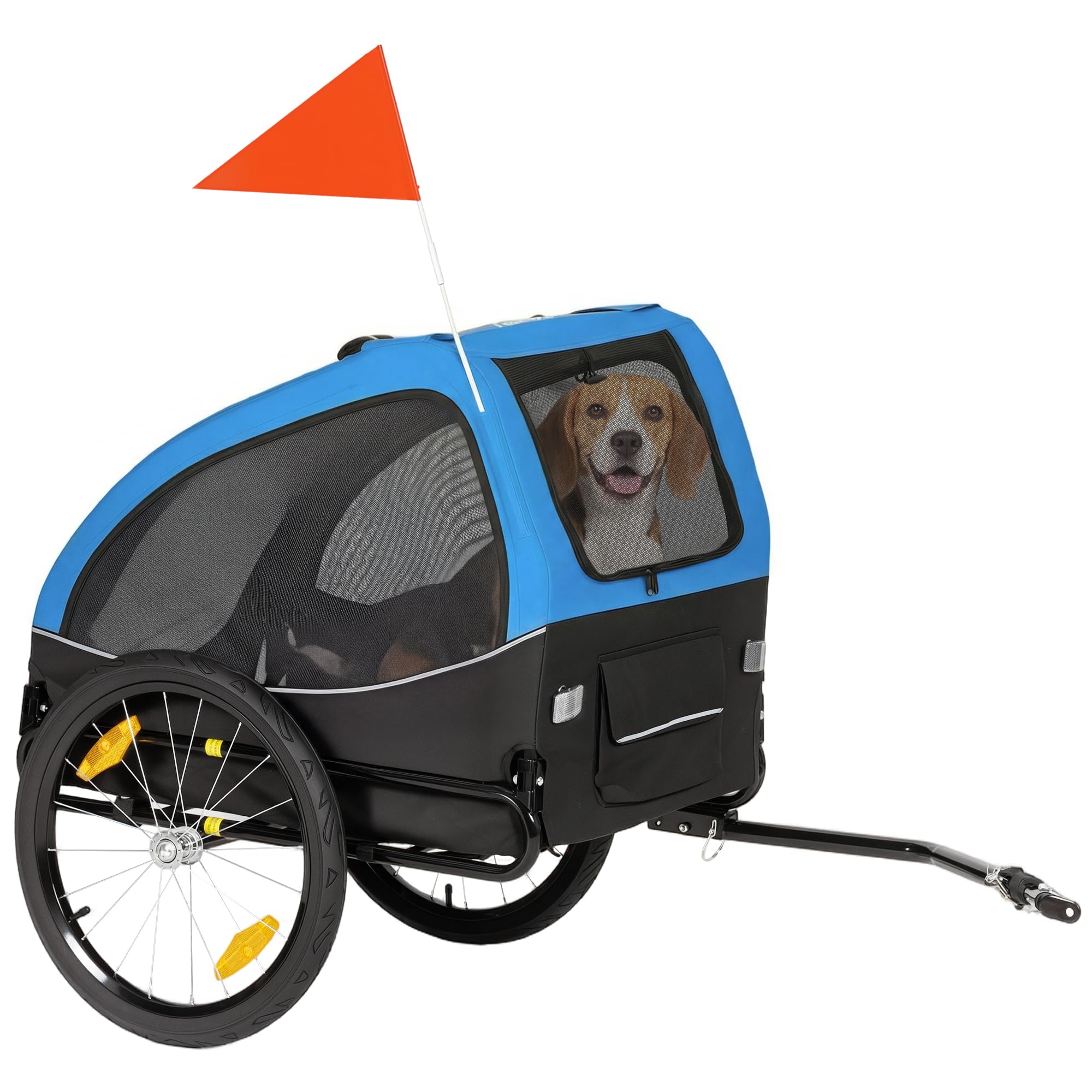 PawHut Przyczepka rowerowa dla psa, składana, z odblaskami, siatkowymi oknami, kołami, drzwiami, flagą bezpieczeństwa, dla psów do 20 kg, niebieska