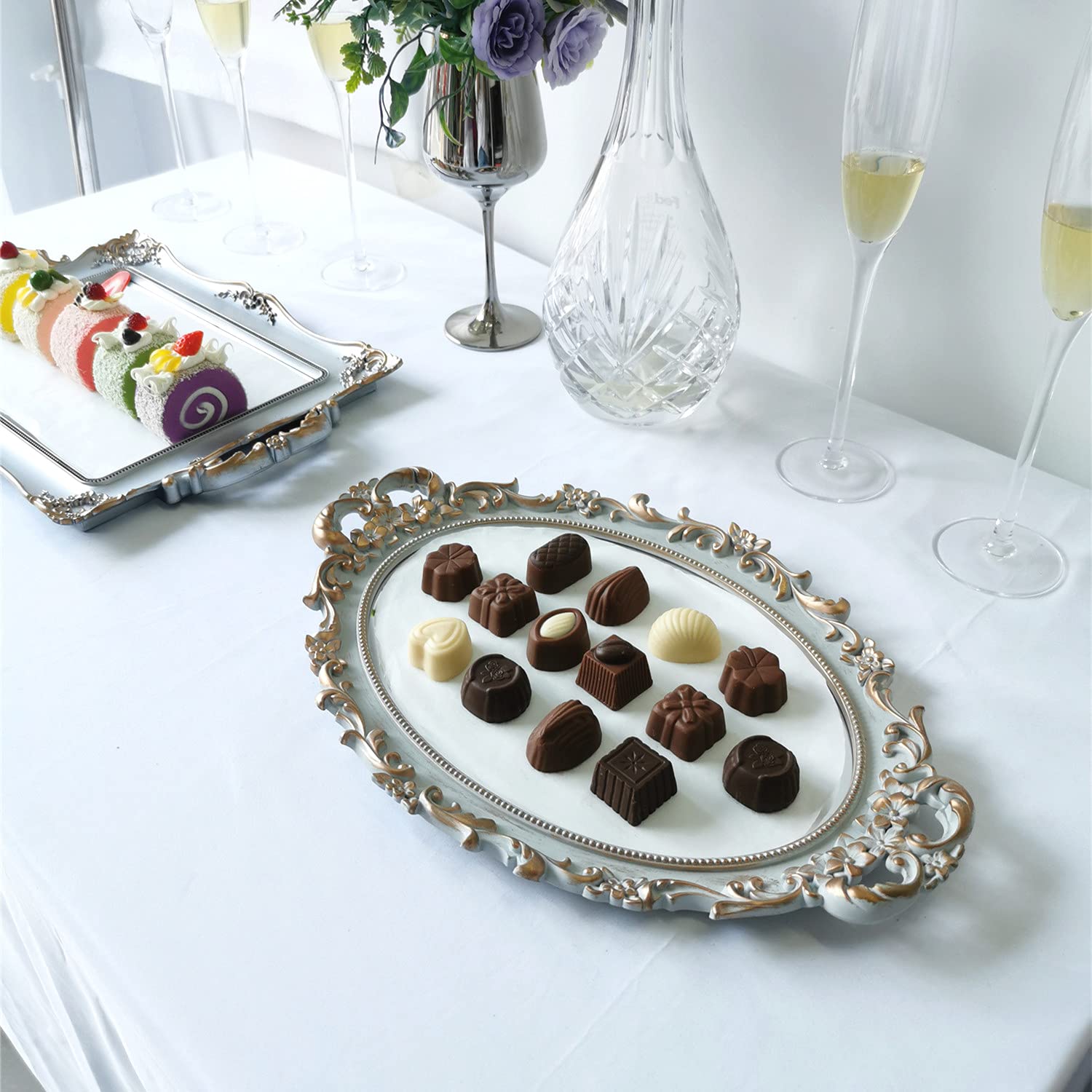 Yamfurga Oval Decorative Mirror Tray, French Style Flower Frame, Makeup Organizer, Jewelry Organizer, Serving Tray, 9.8