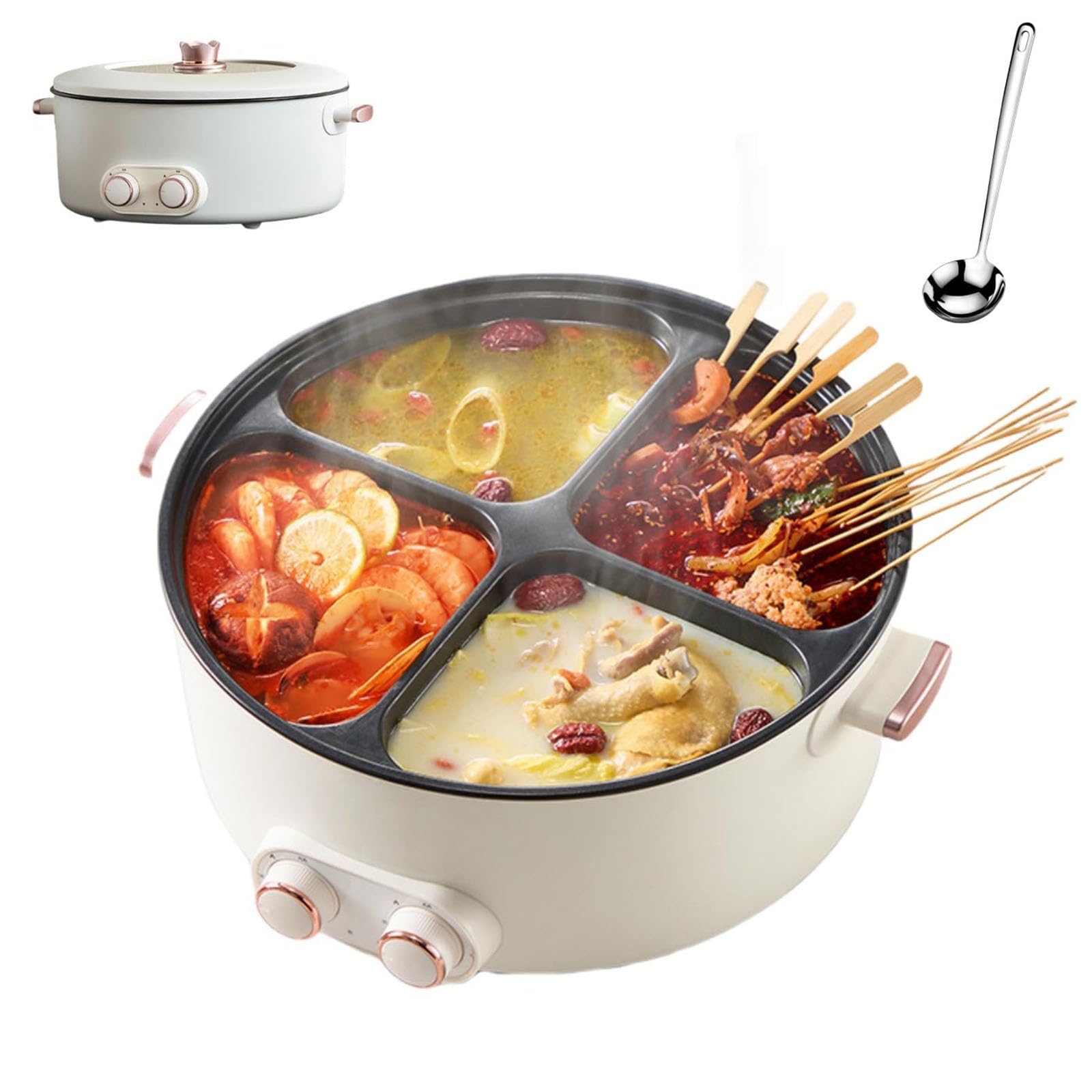 Pot eléctrico 4 Compartimento, 6L Pot Caliente Multifuncional con Placas divisoras, Control de Temperatura Ajustable, Control de Potencia múltiple, para 2-6 Personas Familiares y Amigos