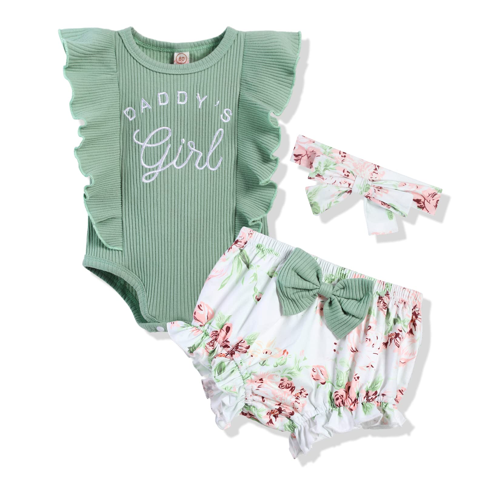 bilisonGirl's Funny Letter Top Floral Pants With Headband Newborn Summer 3Pcs Sets Romper Outfit, Green-daddy's Girl, 0-3M