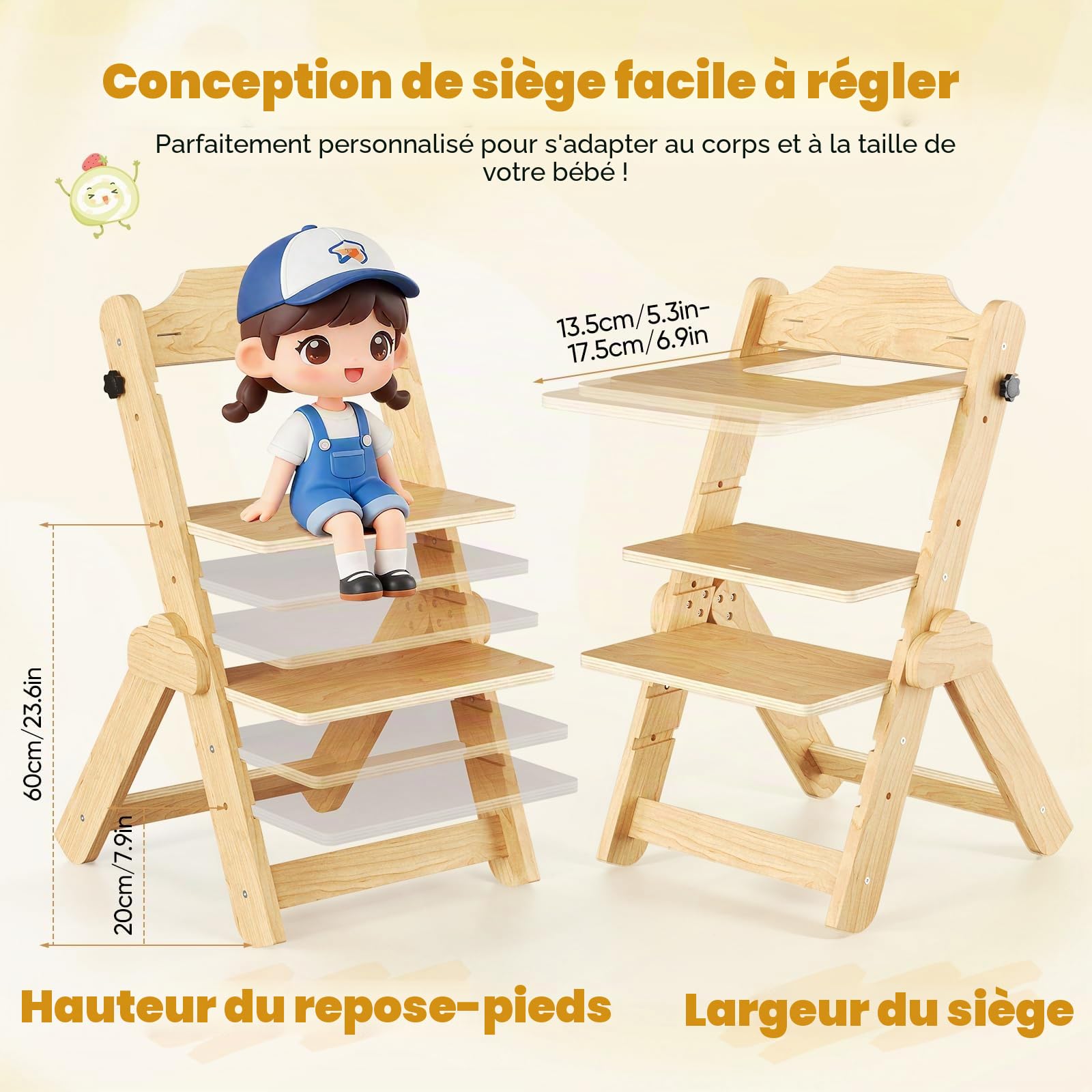 Chaise Haute Bébé Evolutive, 2 in 1 Chaise Haute Bois en Hêtre Massif, Chaises Hautes Évolutive Avec Harnais 5 Points Réglable, Enfant Ergonomique, Plateau Amovible, Pour Bébé À Partir De 6+ Mois