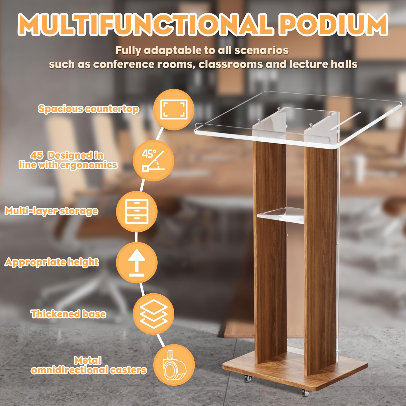 Afitdon Podium en acrylique et bois, Pupitre transparent en acrylique avec étagère de rangement, Chaire d'église avec large plateforme de lecture épaissie, Support de podium stable pour église