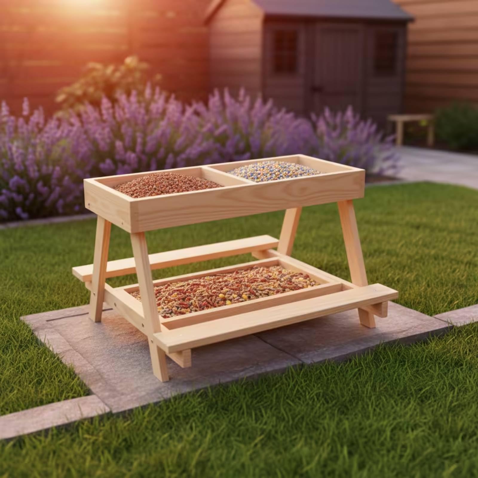 MagiDeal Comedero para Aves de Corral Comedero Gallinas Alimentador Pollos Estación de Alimentación Soporte Fijo de Madera y Integración en Entorno Rural Adecuado para de Patio Gallineros Granjas
