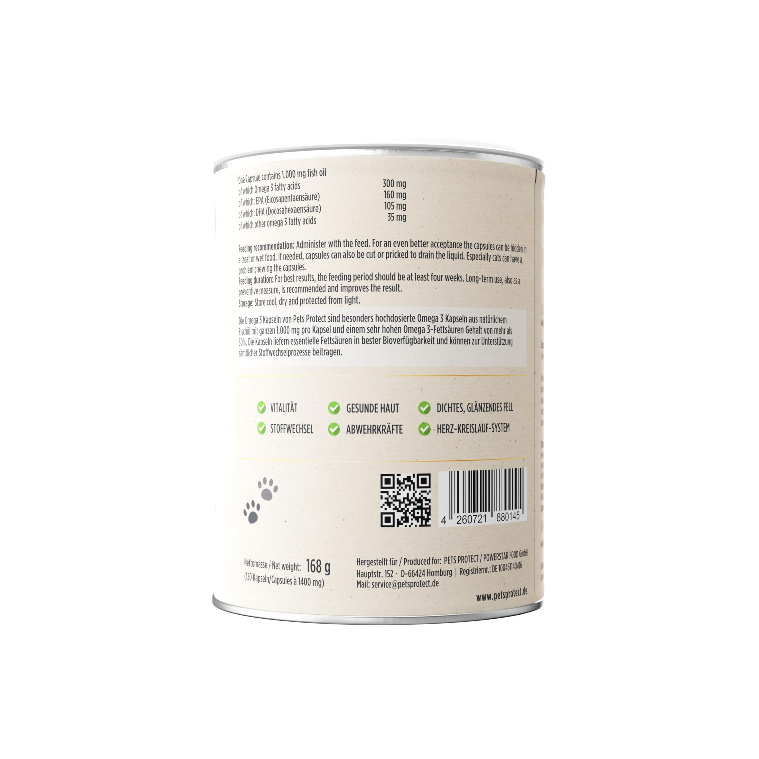 Omega-3 Cápsulas para perros y gatos | Alta dosis con 1.000 mg de aceite de pescado puro por cápsula | muy alto contenido de ácidos grasos EPA y DHA, sin PCB, sin aditivos, 120 cápsulas, fabricación