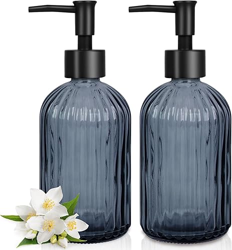 Miniatura 18 de Paquete de 2 dispensadores de jabón de vidrio con bomba de plástico negro, dispensador de jabón líquido de manos de 13 onzas, bomba a prueba de
