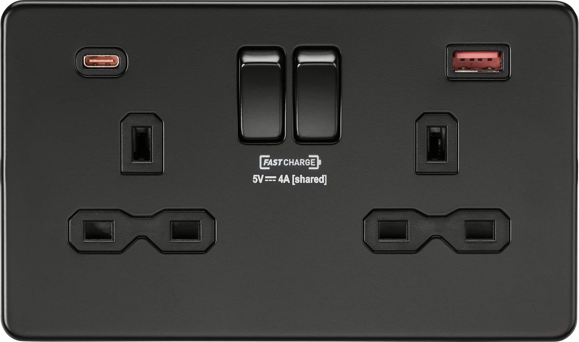 KnightsbridgeSFR9909 Screwless Twin Switched Socket with Dual Fastcharge USB A+C Ports in Matt Black, Sf - Mbb