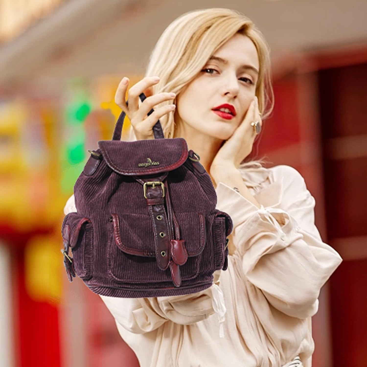 Angel Kiss Small Corduroy Backpack Purse for Women, 3-in-1 Convertible Shoulder Bag with Detachable Straps, Vintage Multi-Pocket Mini Daypack with Vegan Leather Trim for Travel & Everyday