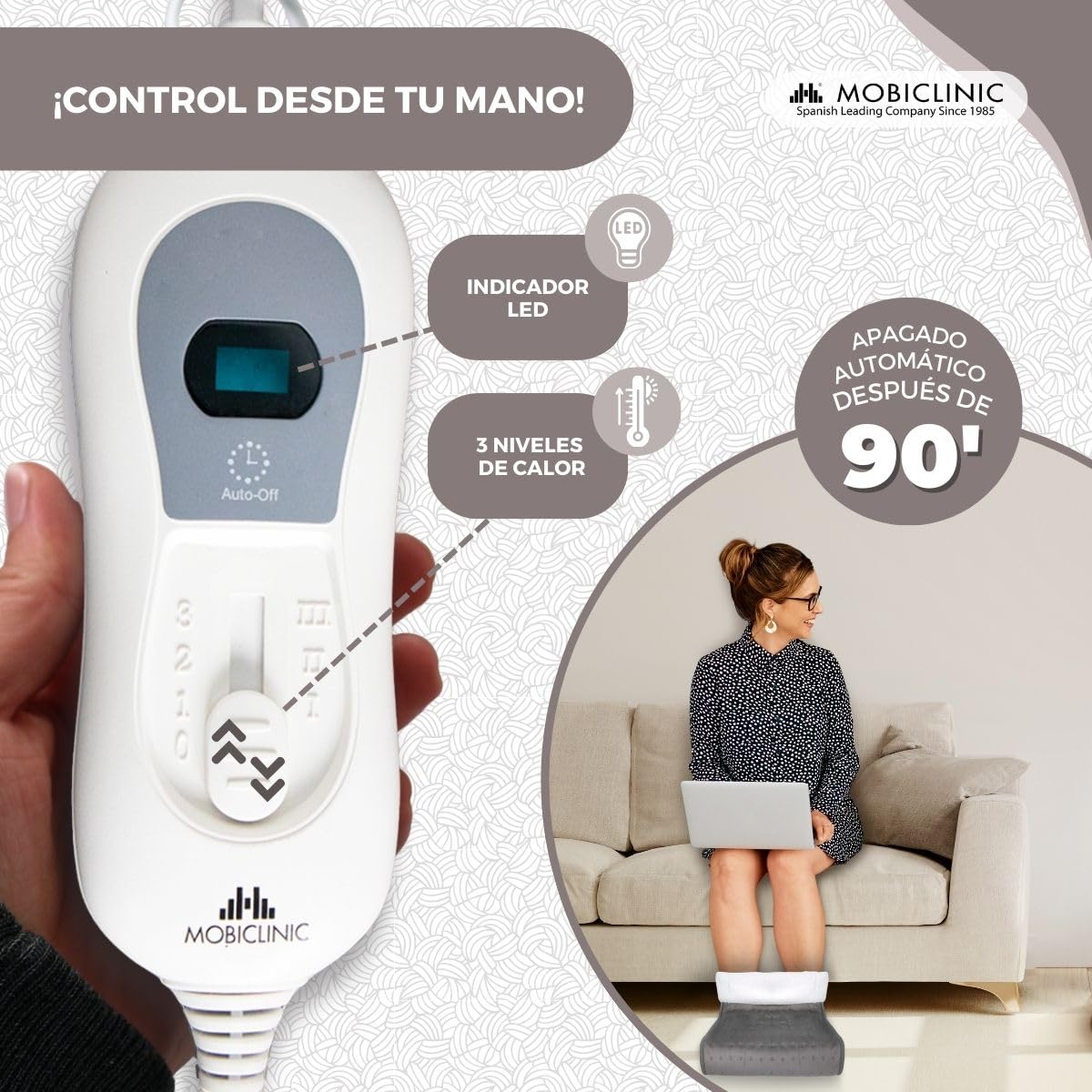 Mobiclinic, Calientapiés eléctrico, Muy bajo consumo, 100w, Apagado automático, Lana y vellón, Marca española, Forro interior fácilmente lavable, 3 niveles de temperatura, 30 x 24cm, Gris