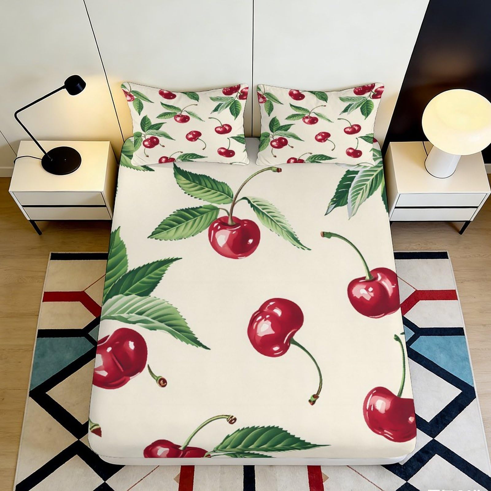 3D Printed Cherry Pattern Fitted Sheet Microfiber Soft Anti-Slip Mattress Cover Red Fruit Print for Bedroom Guest Room 140x200x25cm