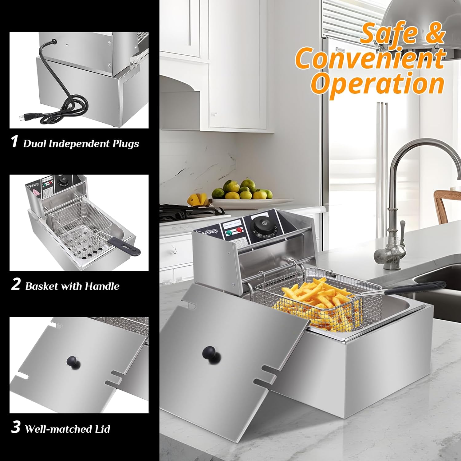 10QT Electric Deep Fryer w/Basket & Lid, Stainless Steel Countertop Oil Fryer with Temperature Control, Commercial Kitchen Frying Machine for French Chicken Fries Donuts 2500W