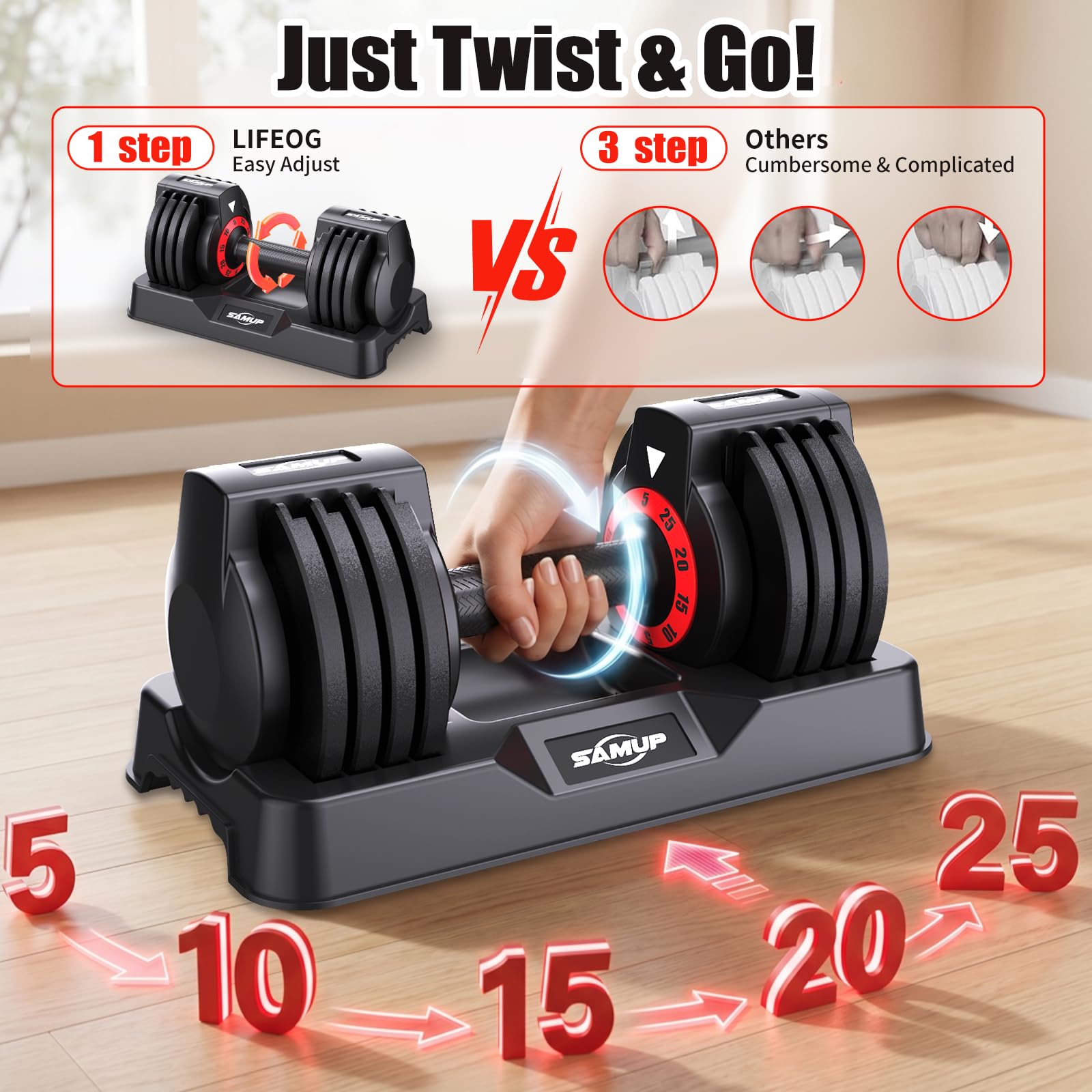 Adjustable Dumbbell Set of 2, 50LBS/100LBS Weights Dumbbell Set with Storage Box, 25lbs/50lbs Pair Adjustable Weights with Anti-slip Silicone Grip, 5-in-1/10-in-1 Quick-Lock Hand Weight Set For Home Gym Suit both Men and Women