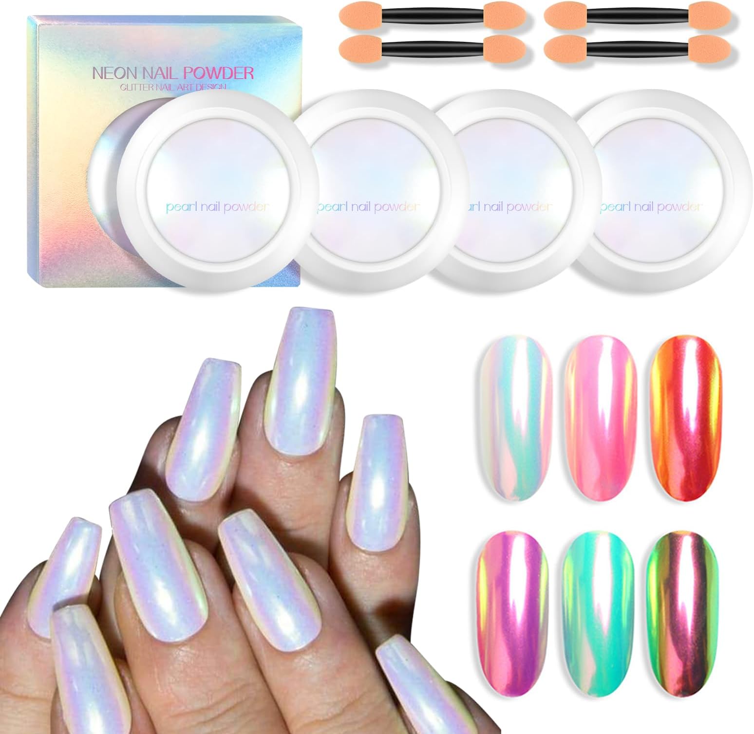 Ownest 4 Pcs Neon Chrome Nail Powder, Unicorn Chrome Nails Glitter Pigment, Aurora Iridescent Powder Pigment for Nails, Opal Pearl Mica Powders, Chameleon Pearl Manicure Pigment