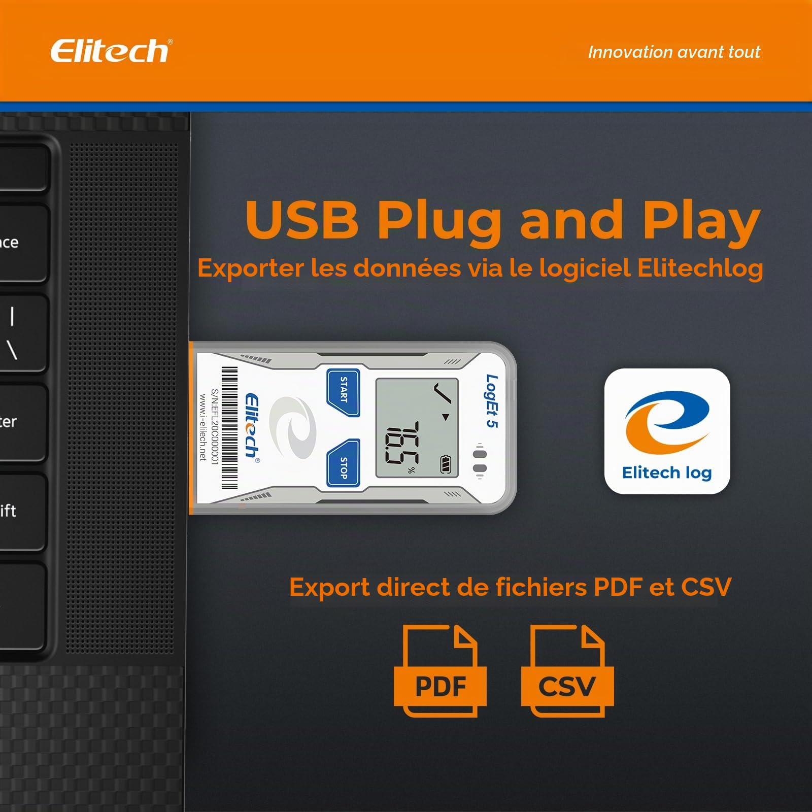 Elitech Enregistreur de Température et d'Humidité USB avec Sonde Externe Réutilisable LogEt5THE & Enregistreur de Données de Température USB Rapports PDF CSV Auto LogEt5T pour Réfrigérateur Frigo