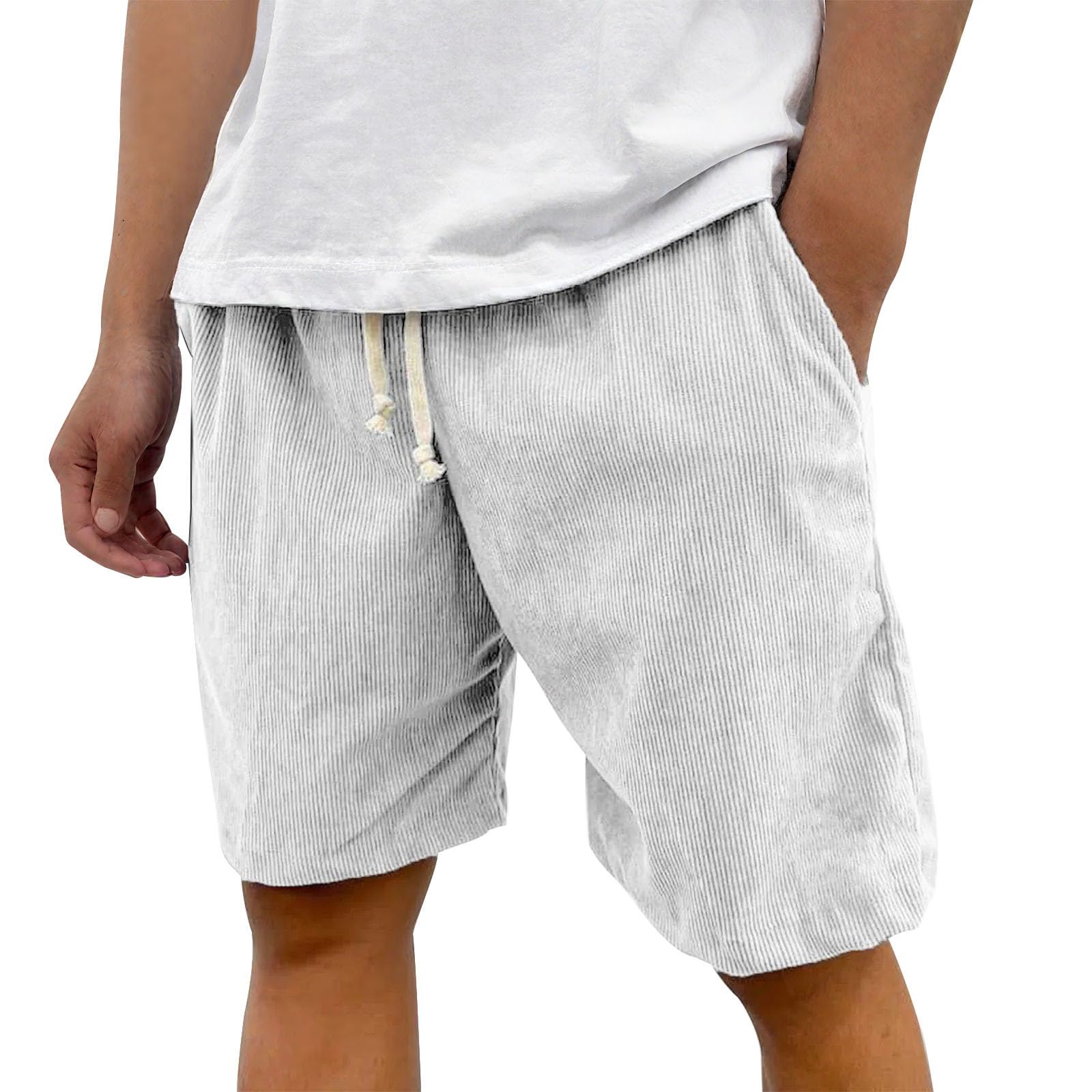 Men's Vintage Corduroy Shorts Fashion Elastic Drawstring Waist Short Pants Plus Size Solid Color Shorts with Pockets