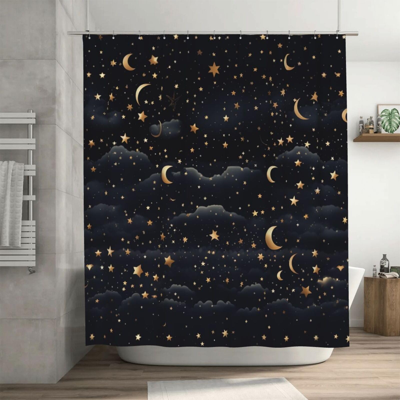 Rideau de douche épais motif lune avec 12 anneaux de suspension inclus