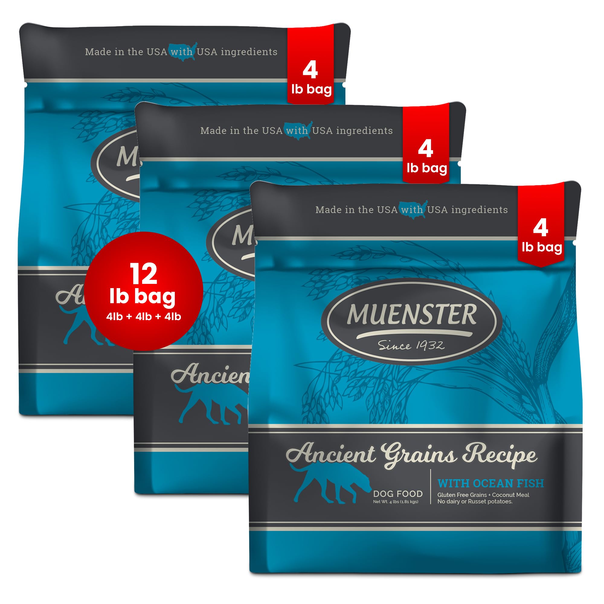 Muenster Ancient Grains Ocean Fish Dry Dog Food, 12lb (Pack of 3) - Gluten-Free, High Protein, Digestive Support