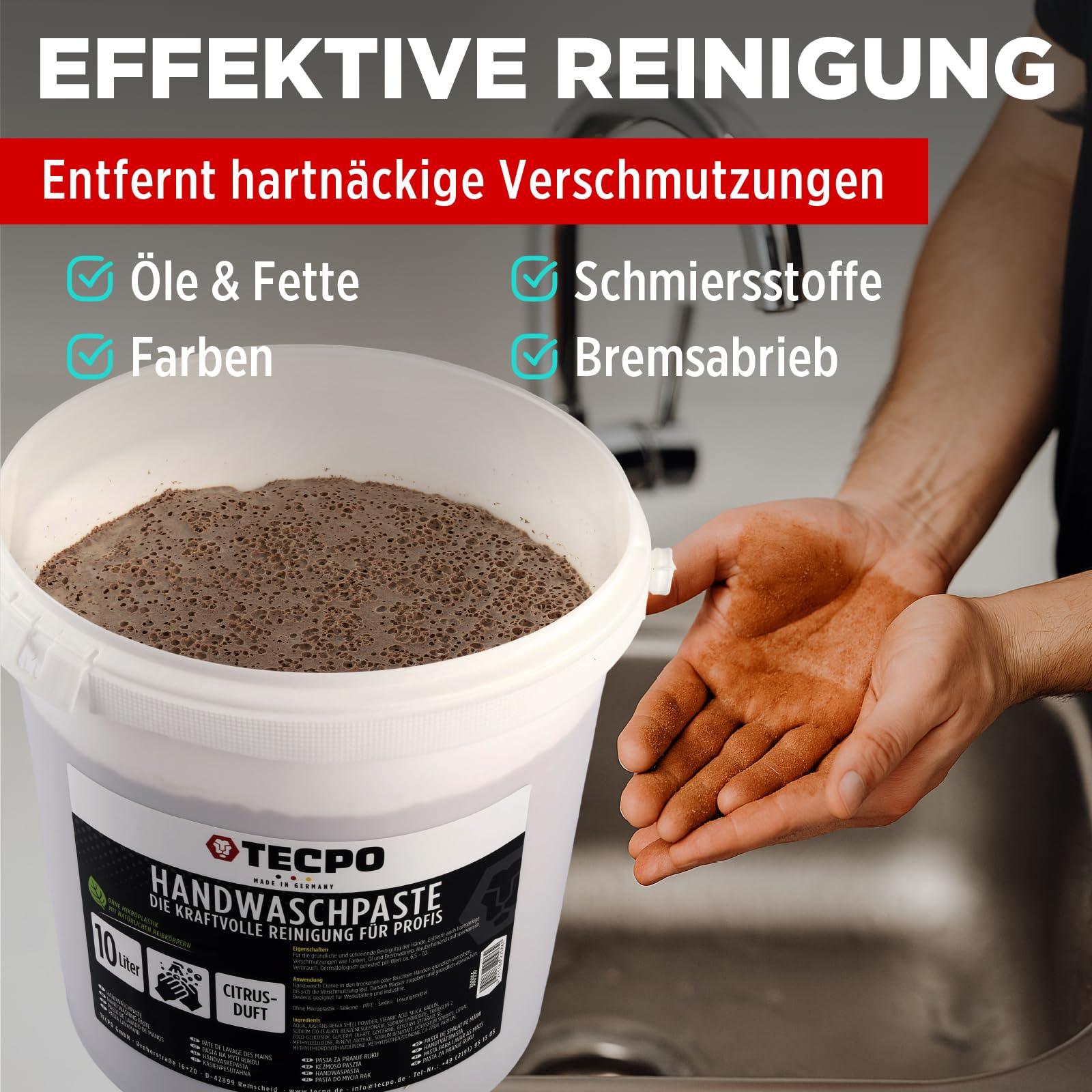 TECPO Pâte nettoyante pour les mains - 10 l - Douce pour la peau - Savon contre les saletés tenaces telles que l'huile, la graisse, la voiture et l'atelier
