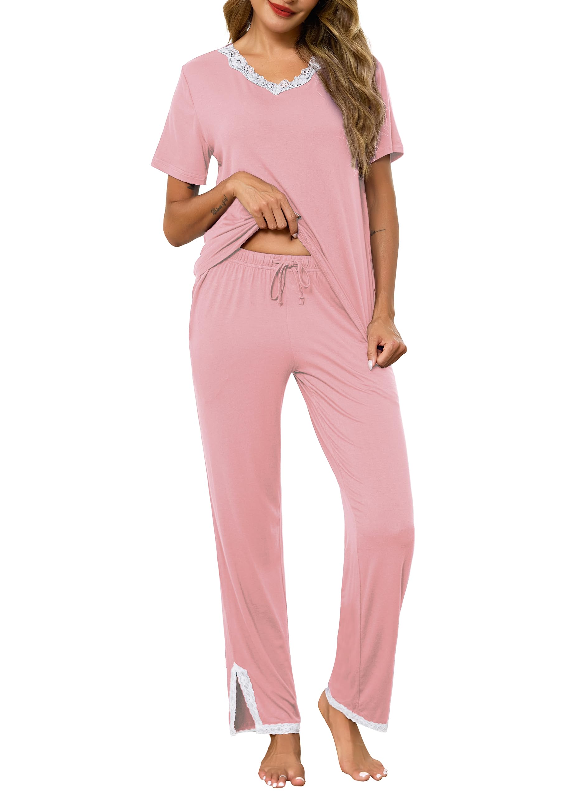 Lovasy Schlafanzug Damen Lang Kurzarm Pyjama Set V-Ausschnitt Spitzen Schlafanzüge für Damen Loungewear Hausanzug