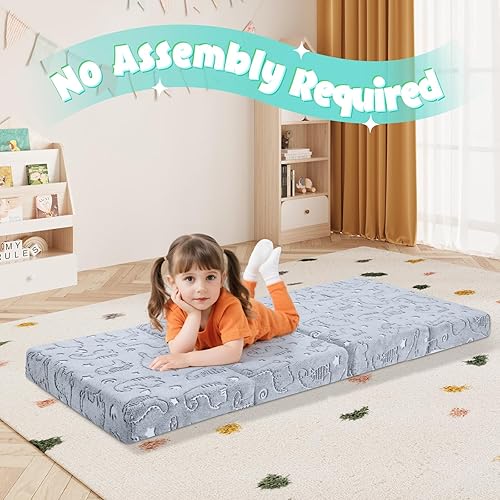 Miniatura 4 de MeMoreCool Colchón de suelo plegable para niños, tapete brillante para siesta para dormir y guardería, colchón portátil de triple pliegue futón,