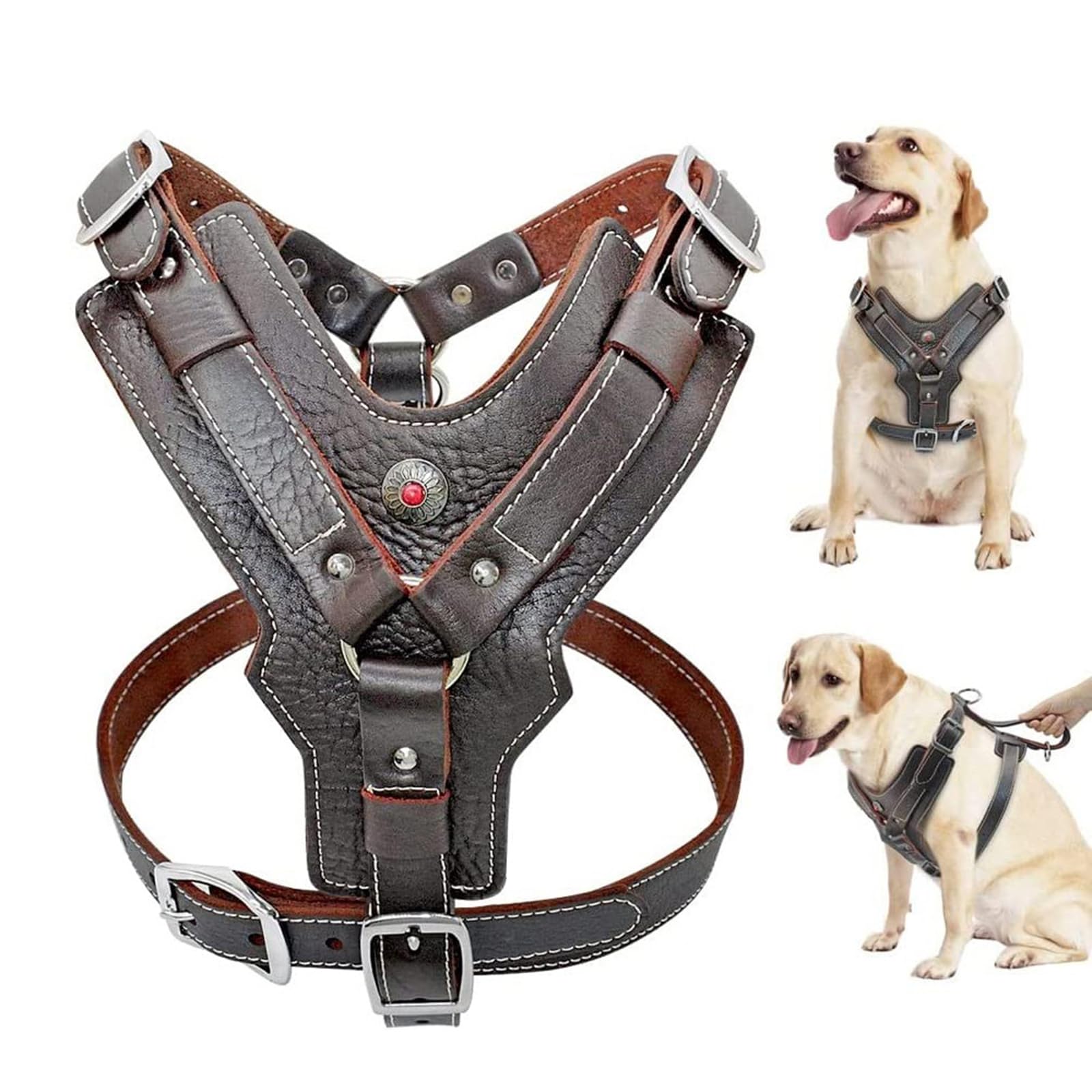 Durable Arnés del Perro Perros Grandes Arneses De Cuero Genuino Chaleco De Adiestramiento con Asa De Control Rápido para Labrador Pitbull(Size:L)