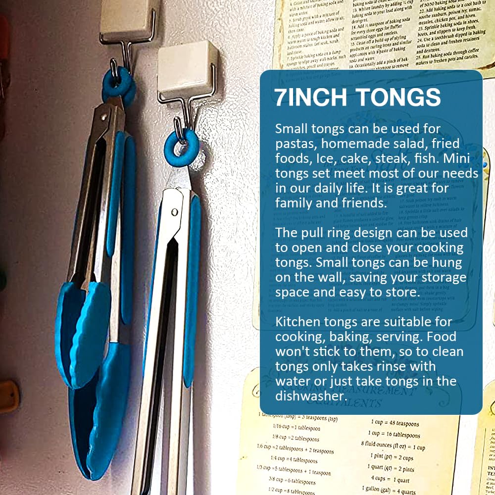 Juego de 3 pinzas pequeñas para servir, mini pinzas antiadherentes (7 pulgadas) con puntas de silicona y mango de acero inoxidable, pequeñas pinzas de cocina para filetes, ensaladas, verduras (azul)