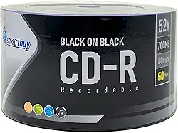 Smartbuy Pacote com 50 CDs-R Pretos Sobre Pretos 52X 700MB Disco Gravável Em Branco de Vinil Preto de Dois Lados de 80 Minutos